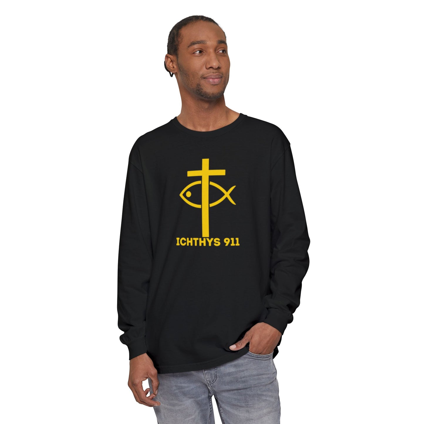 Authentic ICHTHYS 911 Collection -  Gold Font - Unisex Garment Dyed Long Sleeve T-Shirt - Men Long Sleeve - Women Long Sleeve - Christian Faith Symbol Tee - Faith Inspired