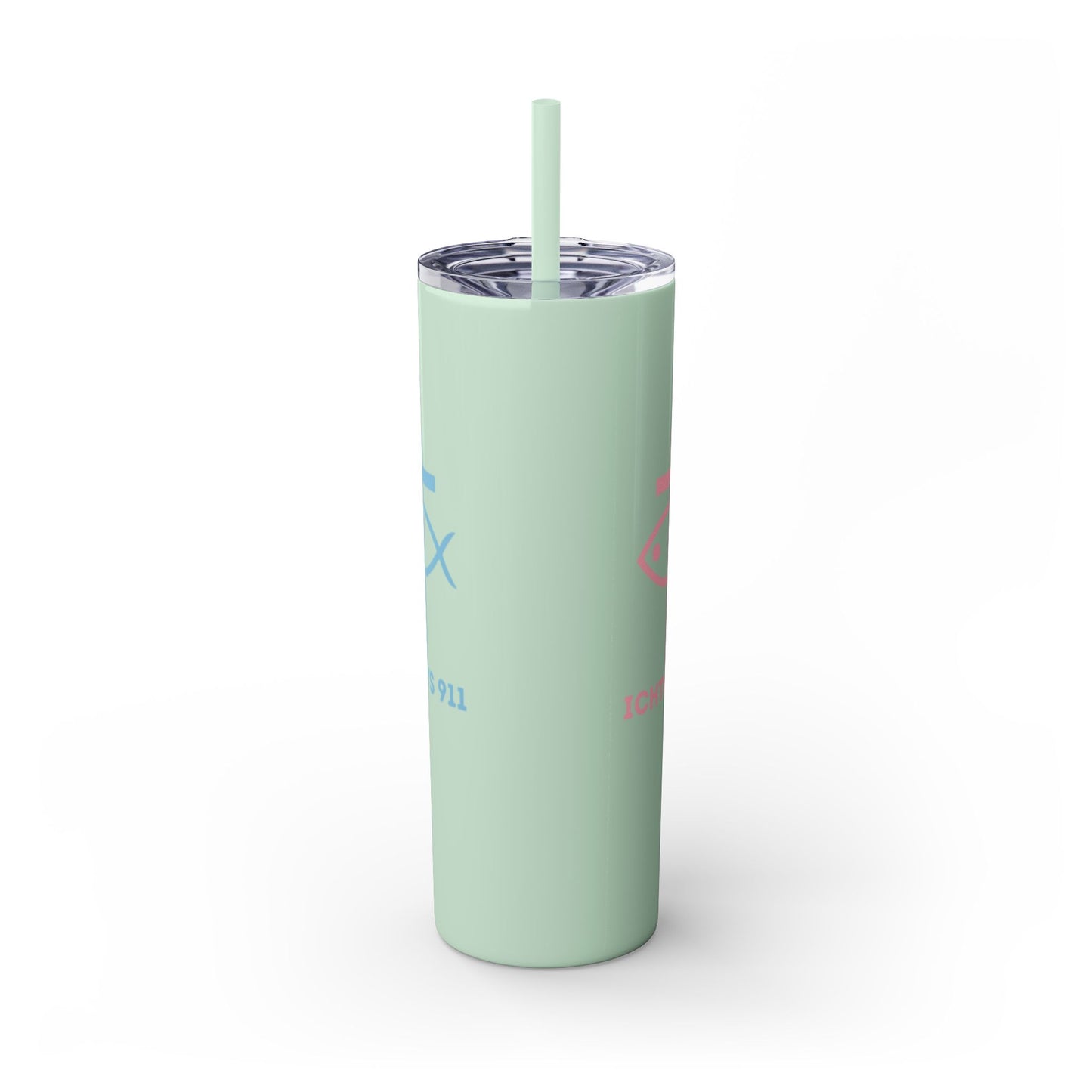 ICHTHYS 911 Pink & Blue Faith-Inspired Skinny Tumbler with Straw - 20oz Baby Shower Drip - Party Favor