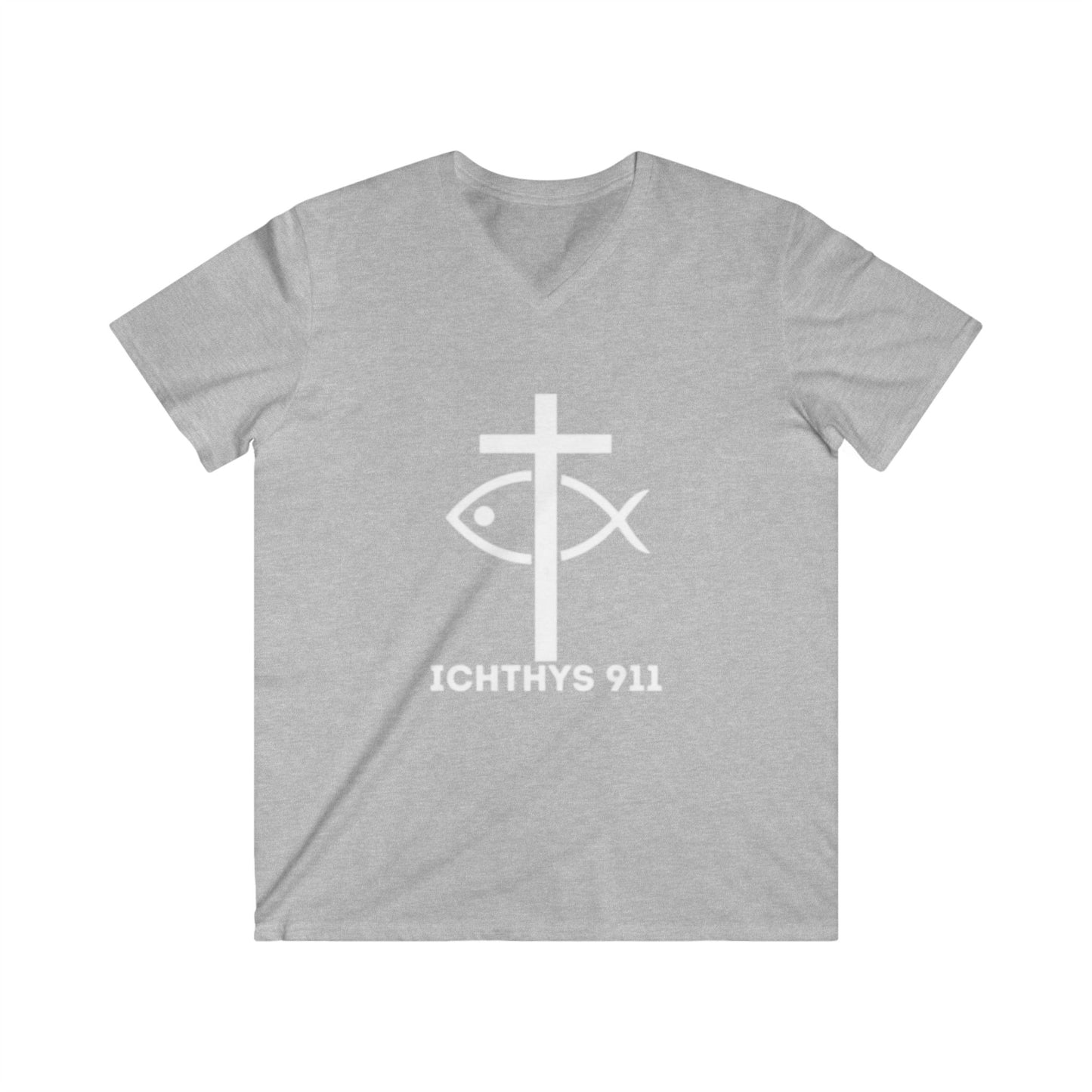 ICHTHYS 911 - Authentic Round Collection - Men's Fitted V-Neck Short Sleeve T - Shirt - Faith-Inspired - Christian Faith - White Font
