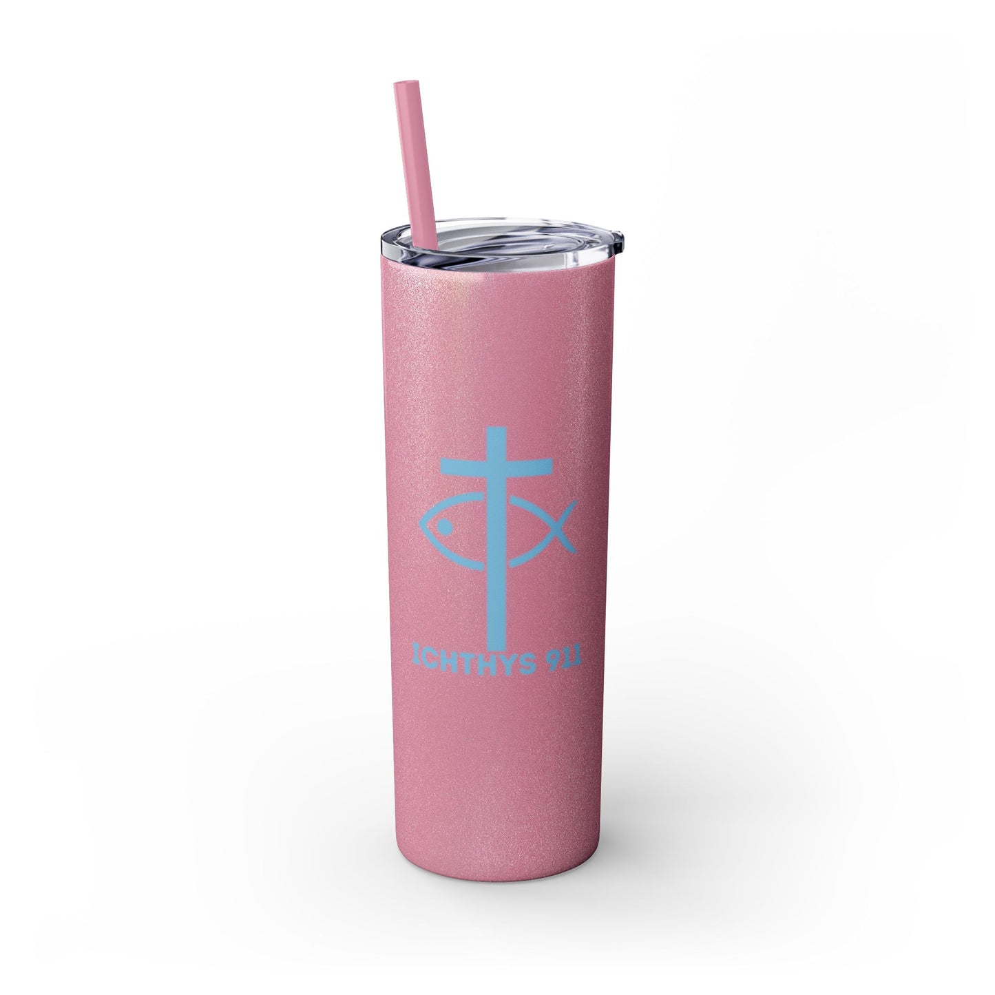 ICHTHYS 911 - Blue Font - Faith-Inspired Skinny Tumbler with Straw - 20oz Baby Shower Drip