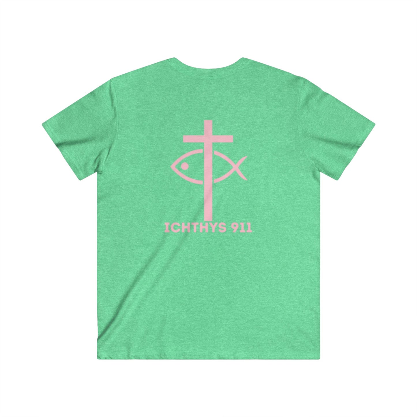 ICHTHYS 911 - Authentic Round Collection - Reverse - Men's Fitted V-Neck Short Sleeve T - Shirt - Faith-Inspired - Christian Faith - Pink Font