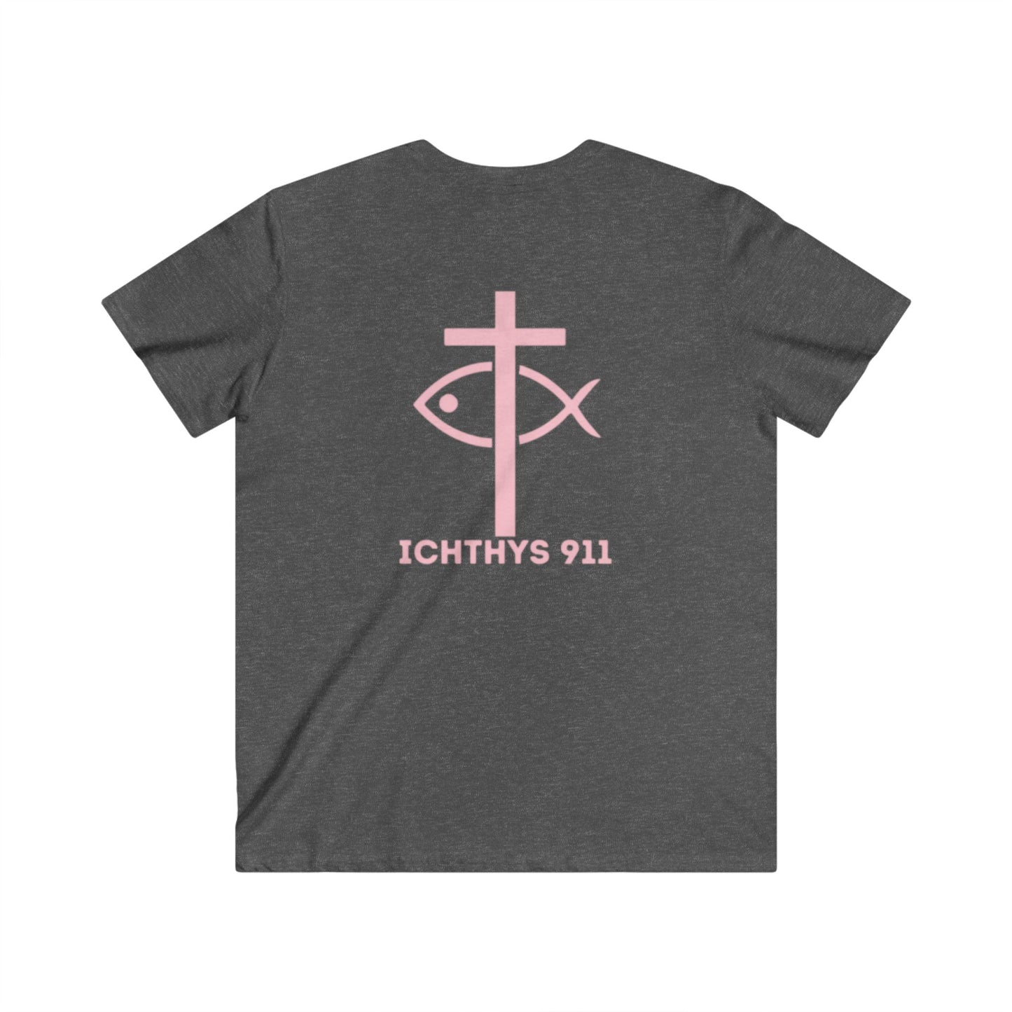 ICHTHYS 911 - Authentic Round Collection - Reverse - Men's Fitted V-Neck Short Sleeve T - Shirt - Faith-Inspired - Christian Faith - Pink Font