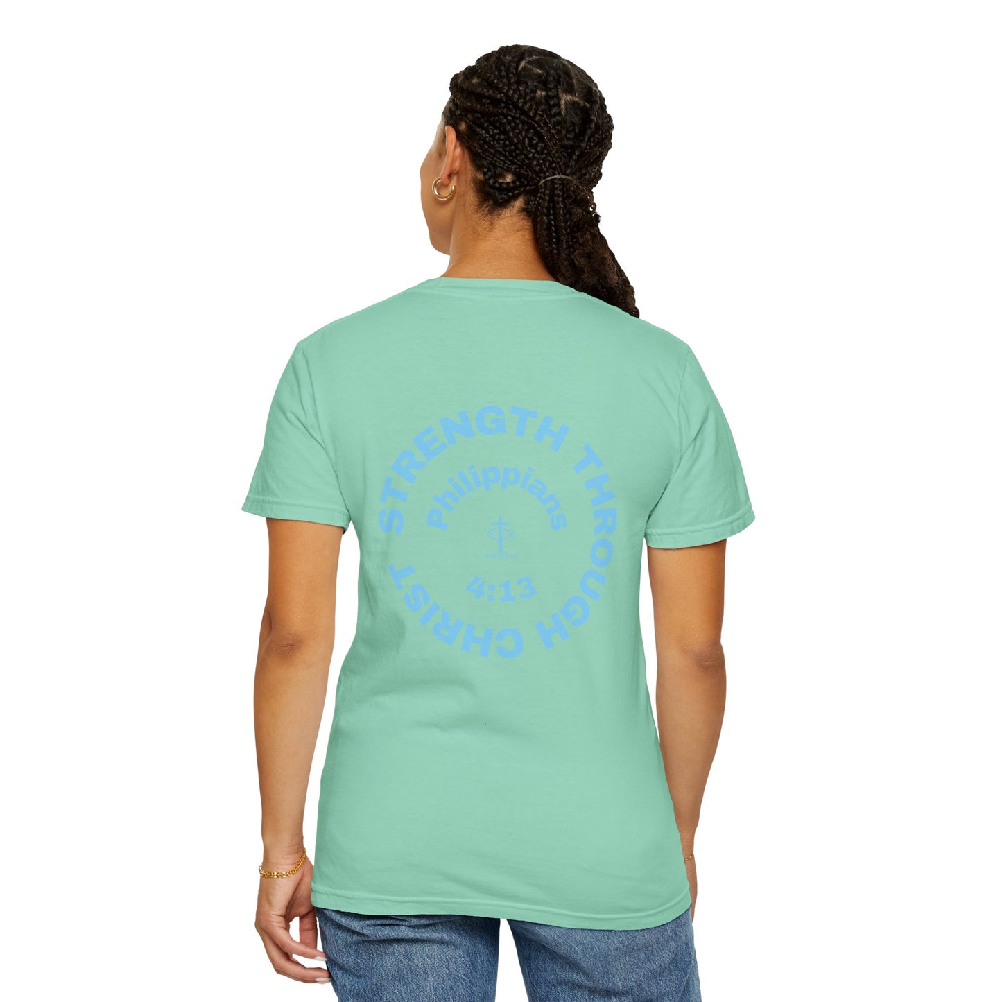 ICHTHYS 911 "Strength Through Christ Philippians 4:13" - Blue Font - Unisex Garment Dyed T- Shirt - 100% US Cotton -Men T-Shirt - Women T-Shirt- Christian Activewear - Wear Your Faith