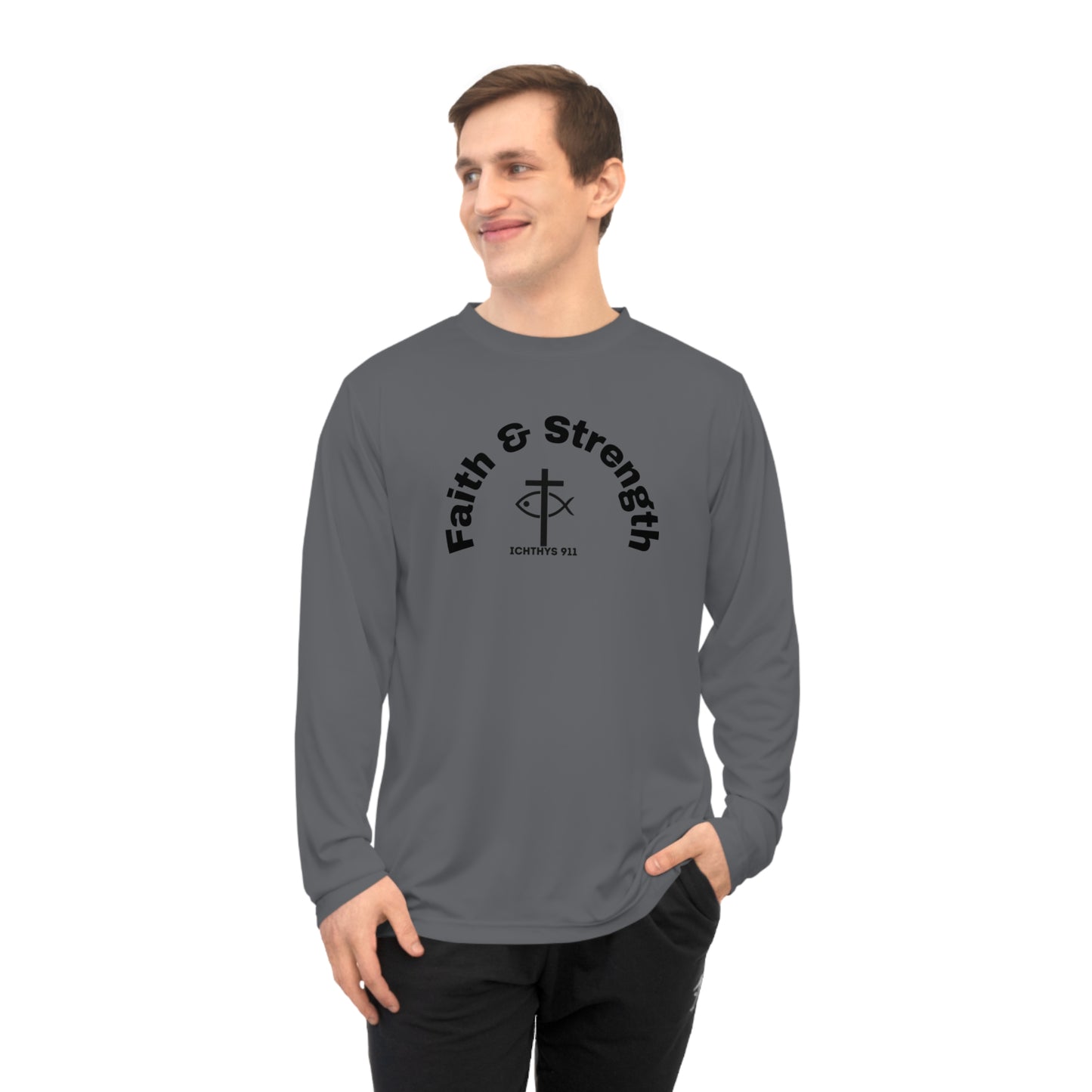 ICHTHYS 911 "Faith & Strength" Black Font Reverse Design - Unisex Performance Long Sleeve Shirt - Christian Activewear - Men - Women -100% Moisture-Wicking Poly