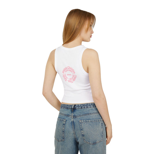 Iēsous Christos, Theou Yios, Sōtēr - Pink Font Faith-Inspired Women's Micro Rib Racer Tank Top - Cute Jesus Christ Design - Women Tank - Christian - Work Out - ICHTHYS 911 Design