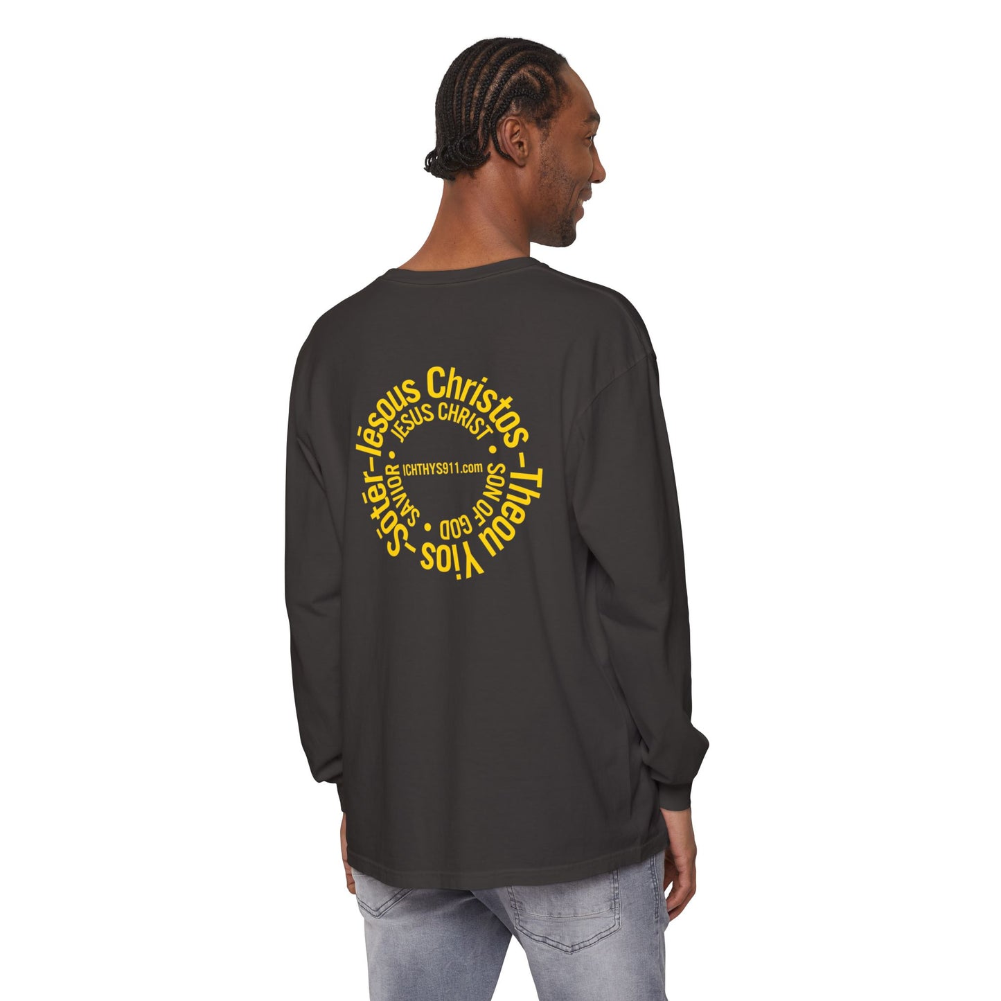 Authentic ICHTHYS 911 Collection -  Gold Font - Unisex Garment Dyed Long Sleeve T-Shirt - Men Long Sleeve - Women Long Sleeve - Christian Faith Symbol Tee - Faith Inspired