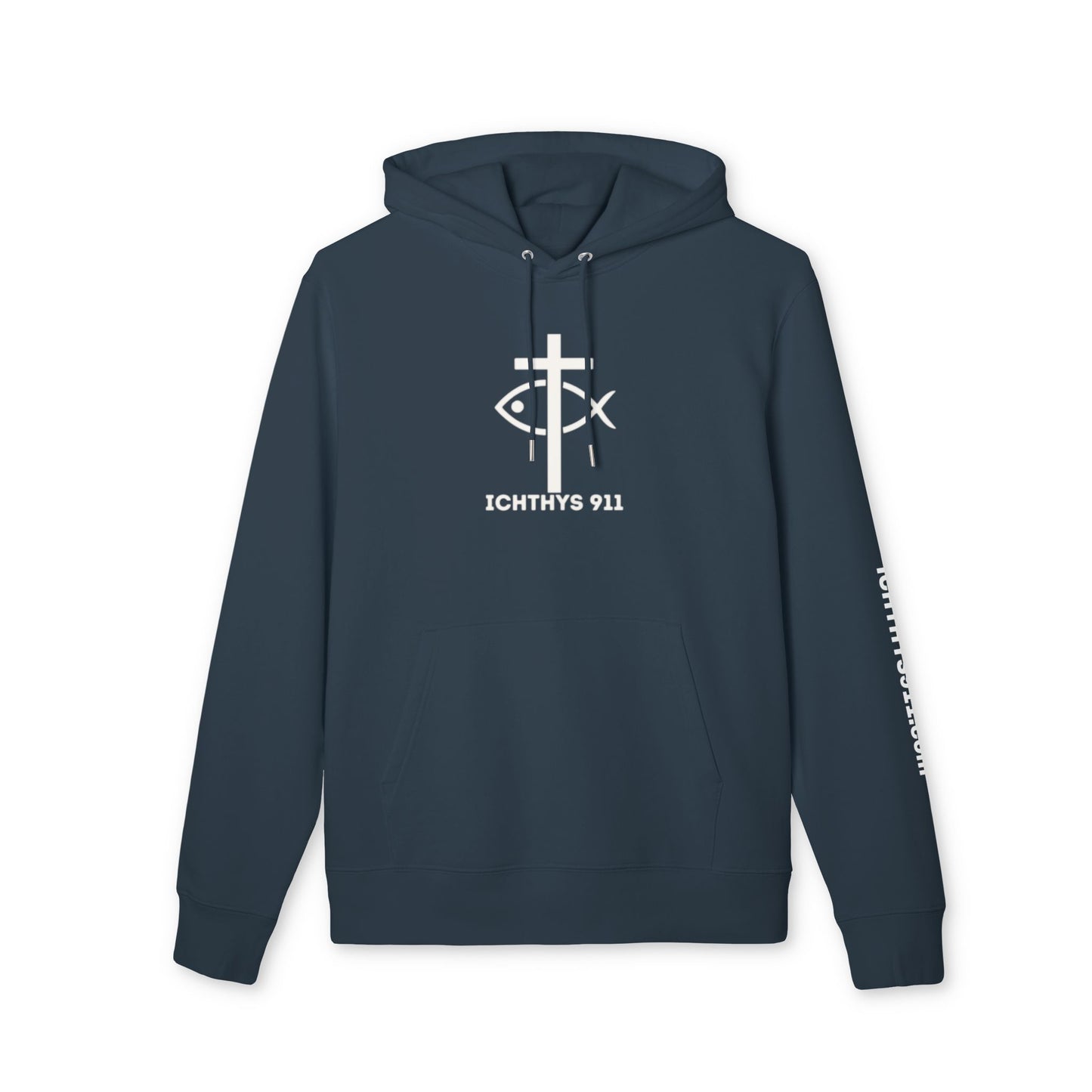 ICHTHYS 911 Hoodie – Unisex Pullover -White Font - Black Font on White - Heavy Fabric - ICHTHYS 911 Logo on Front & Back - 100% Organic