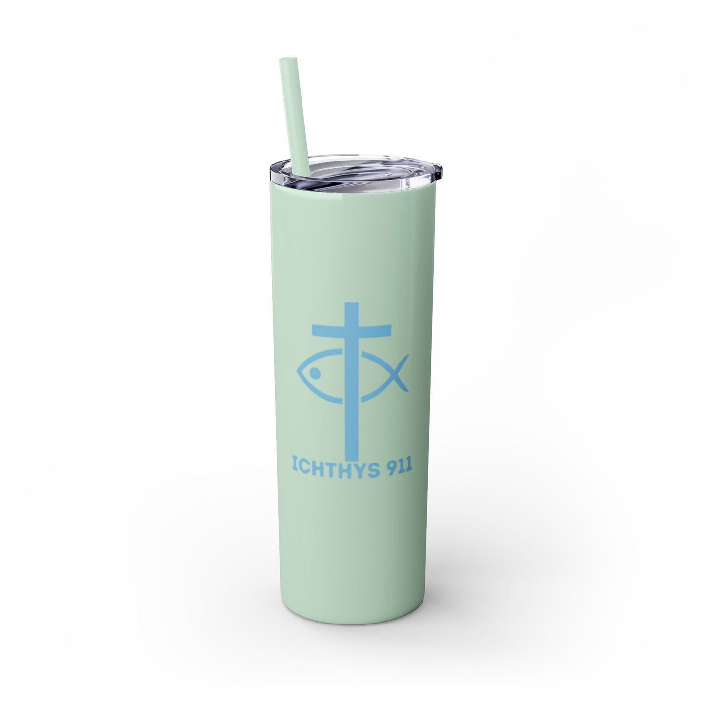 ICHTHYS 911 - Blue Font - Faith-Inspired Skinny Tumbler with Straw - 20oz Baby Shower Drip