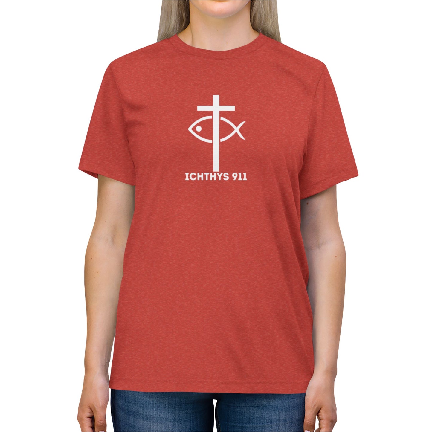ICHTHYS 911 - White Font - "Iēsous Christos, Theou Yios, Sōtēr" - Faith-Inspired Unisex Tri-blend Tee- Graphic Shirt - Unisex - Women -T - Men -T