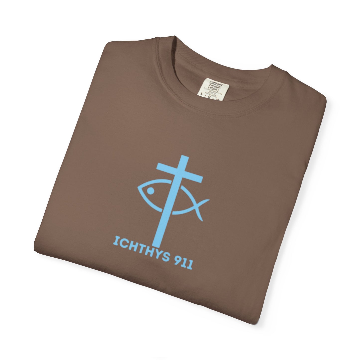 ICHTHYS 911 - Blue Font "Iēsous Christos, Theou Yios, Sōtēr" - Garment-Dyed - 100% US Cotton - Unisex T-Shirt - Men T-Shirt - Women T-Shirt - Christian Symbol - Greek - Faith Inspired -Christian Streetwear – Jesus Gym & Faith Fashion, Unisex Garment