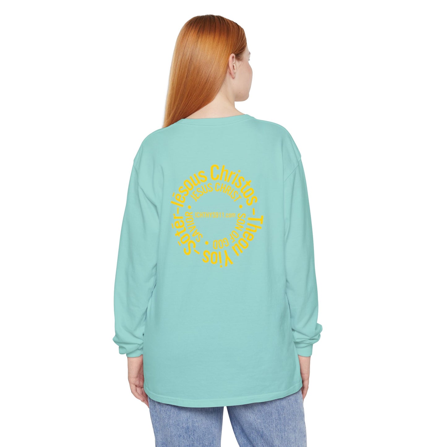 Authentic ICHTHYS 911 Collection -  Gold Font - Unisex Garment Dyed Long Sleeve T-Shirt - Men Long Sleeve - Women Long Sleeve - Christian Faith Symbol Tee - Faith Inspired