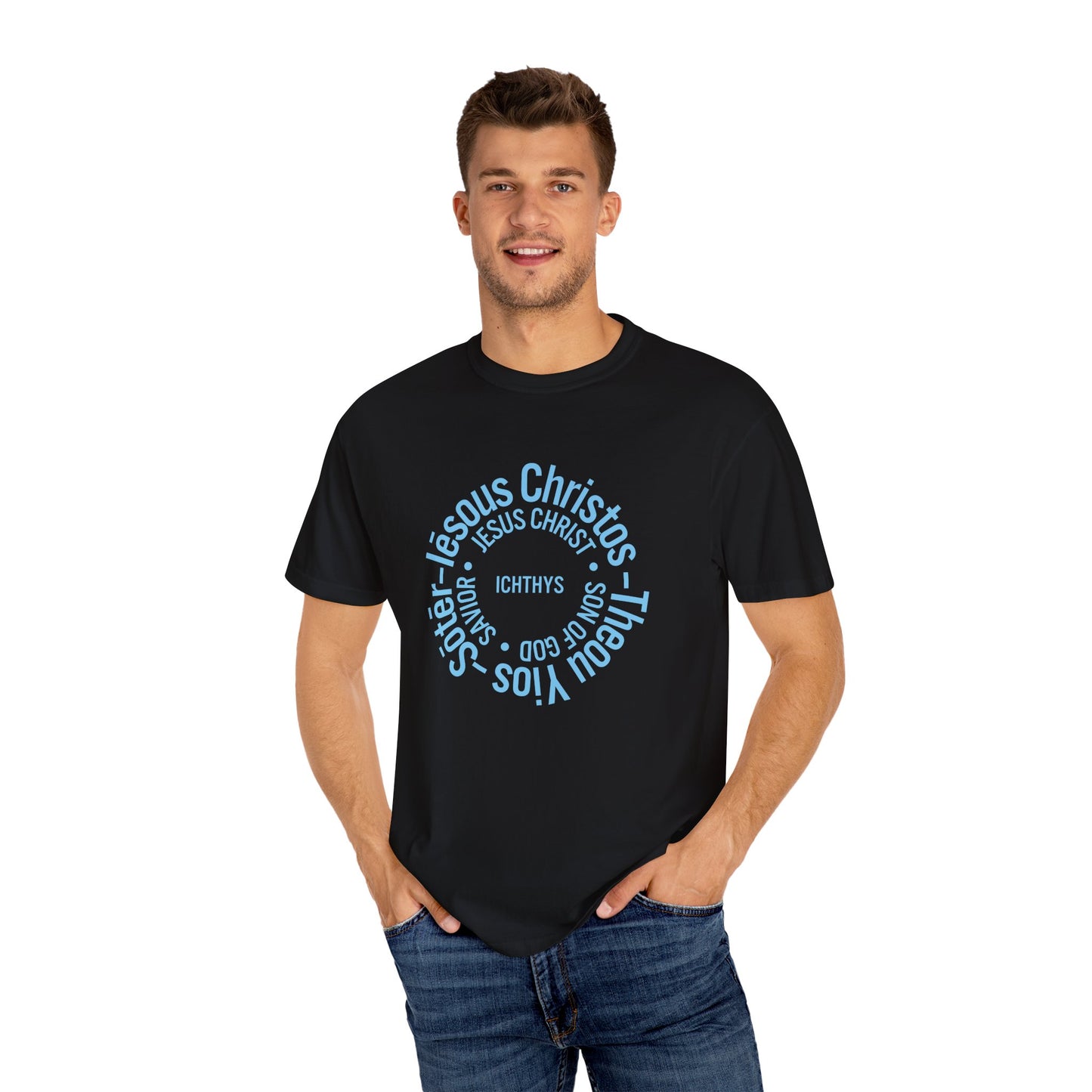 ICHTHYS 911 Blue & Black Font "Iēsous Christos, Theou Yios, Sōtēr" - Collection - Reverse Design - Unisex Garment Dyed - 100% US Cotton - Christian Graphic Tee - Gym - T - Christian Faith - Jesus Wear - Women T-Shirt - Men T-Shirt