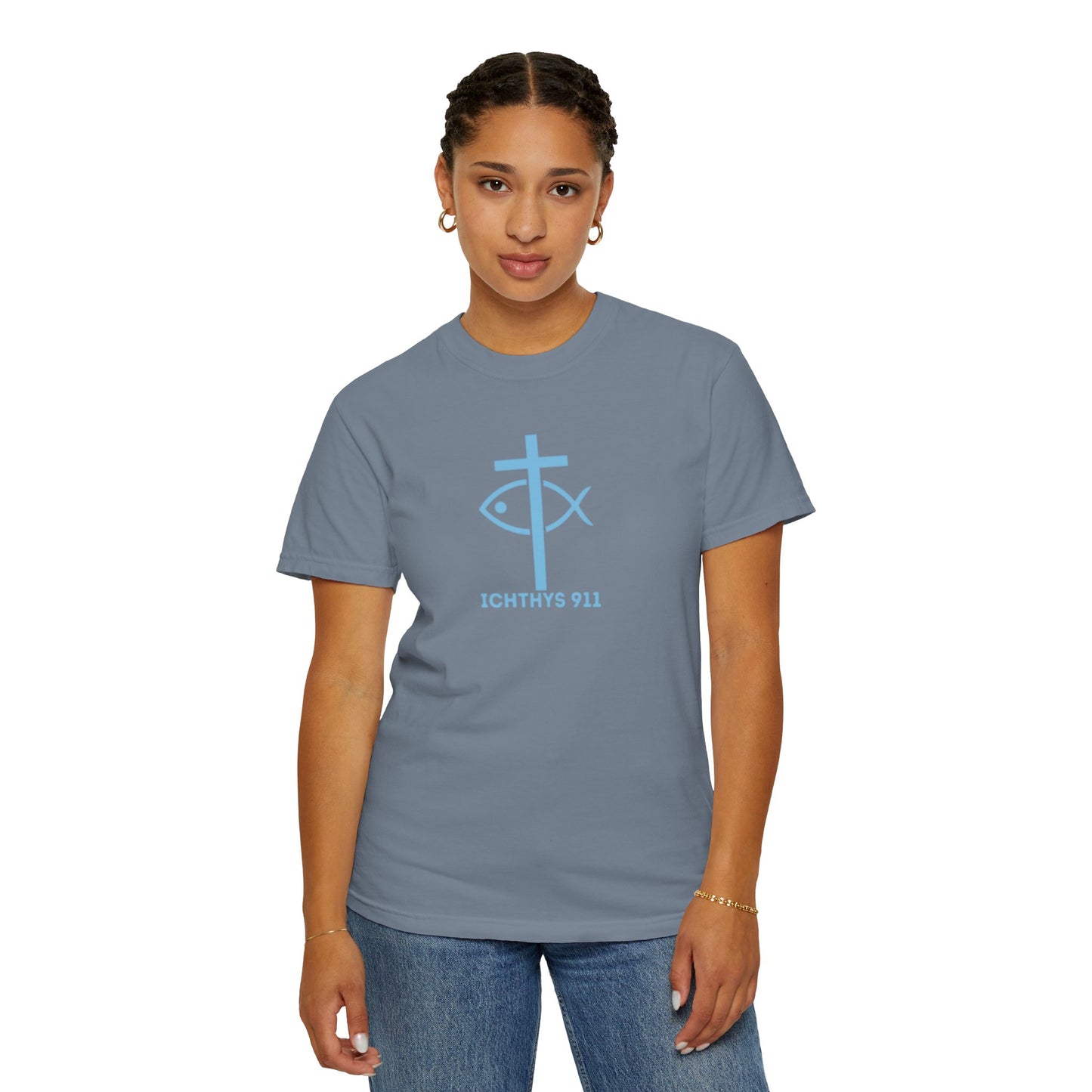 Iēsous Christos, Theou Yios, Sōtēr - Blue Font - Garment-Dyed Unisex T-Shirt - 100# US Cotton -Men T-Shirt - Women T-Shirt - Faith Inspired - Unisex Garment - ICHTHYS 911 - Blue Font - Heavy Duty Shirt