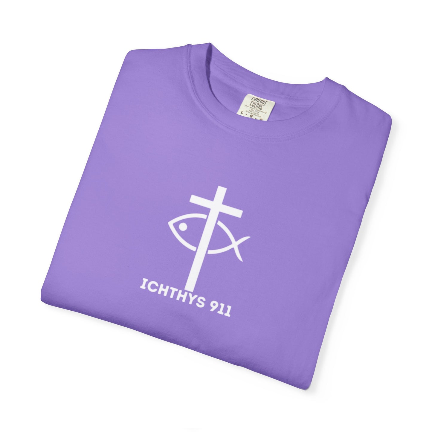 ICHTHYS 911 -  "God Sees the Heart" - White Font - Unisex Garment - Dyed T-Shirt - Inspirational Graphic T-Shirt for Everyday Motivation - 100% US cotton