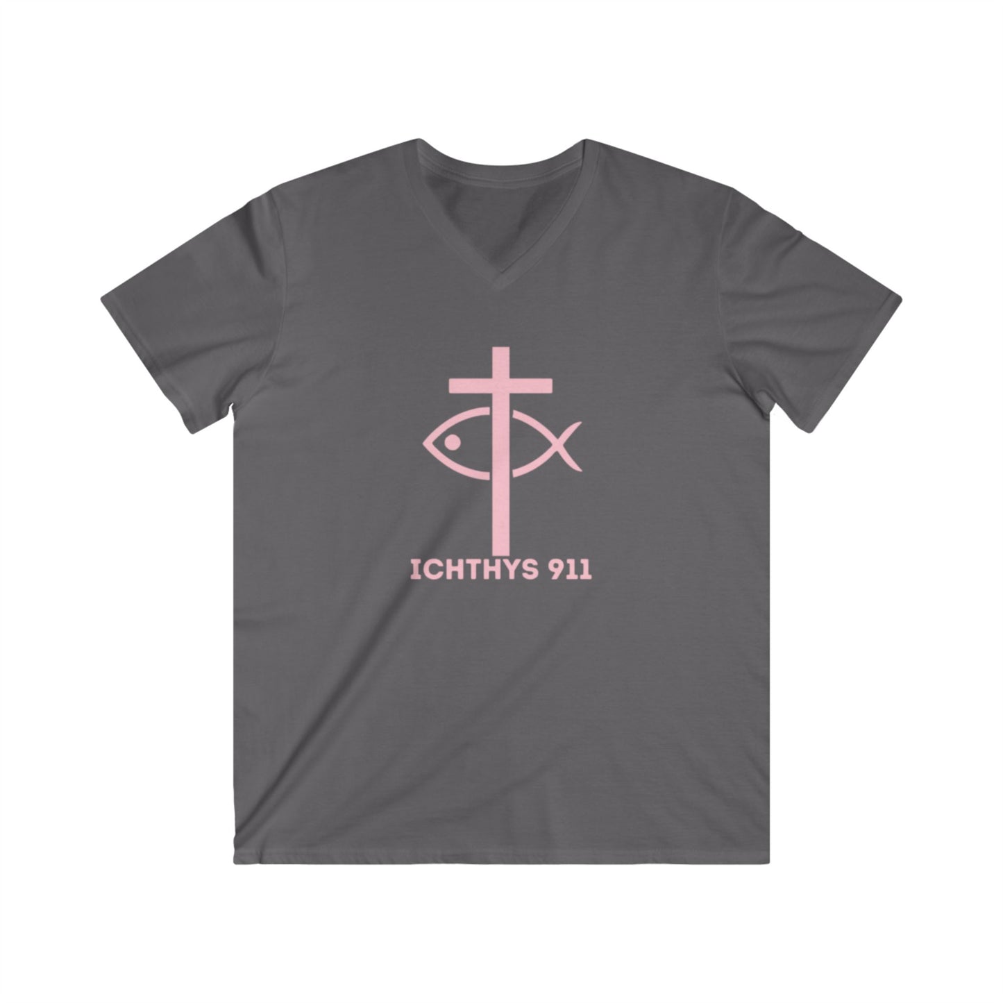 ICHTHYS 911 - Authentic Collection - Men's Fitted V-Neck Short Sleeve T - Shirt - Faith-Inspired - Christian Faith - W/O IC 911 on Back - Light Pink Font