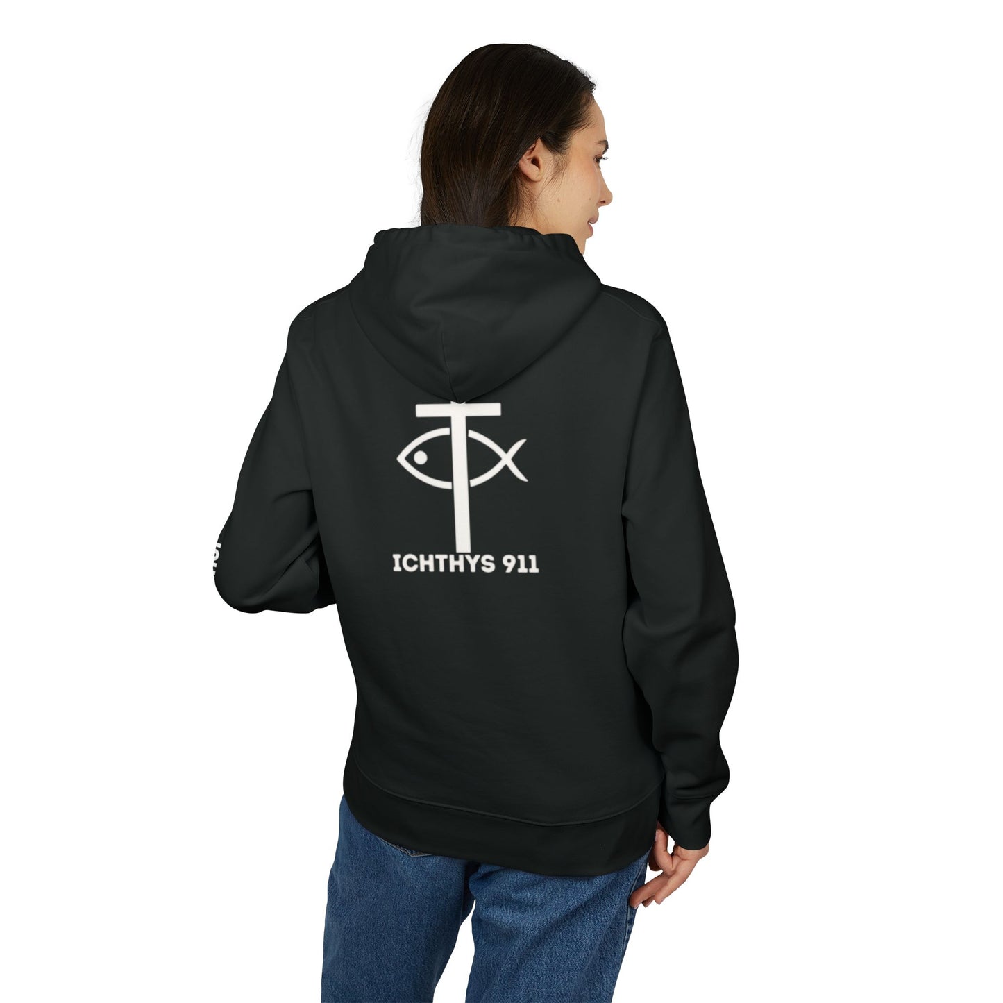 ICHTHYS 911 Hoodie – Unisex Pullover -White Font - Black Font on White - Heavy Fabric - ICHTHYS 911 Logo on Front & Back - 100% Organic
