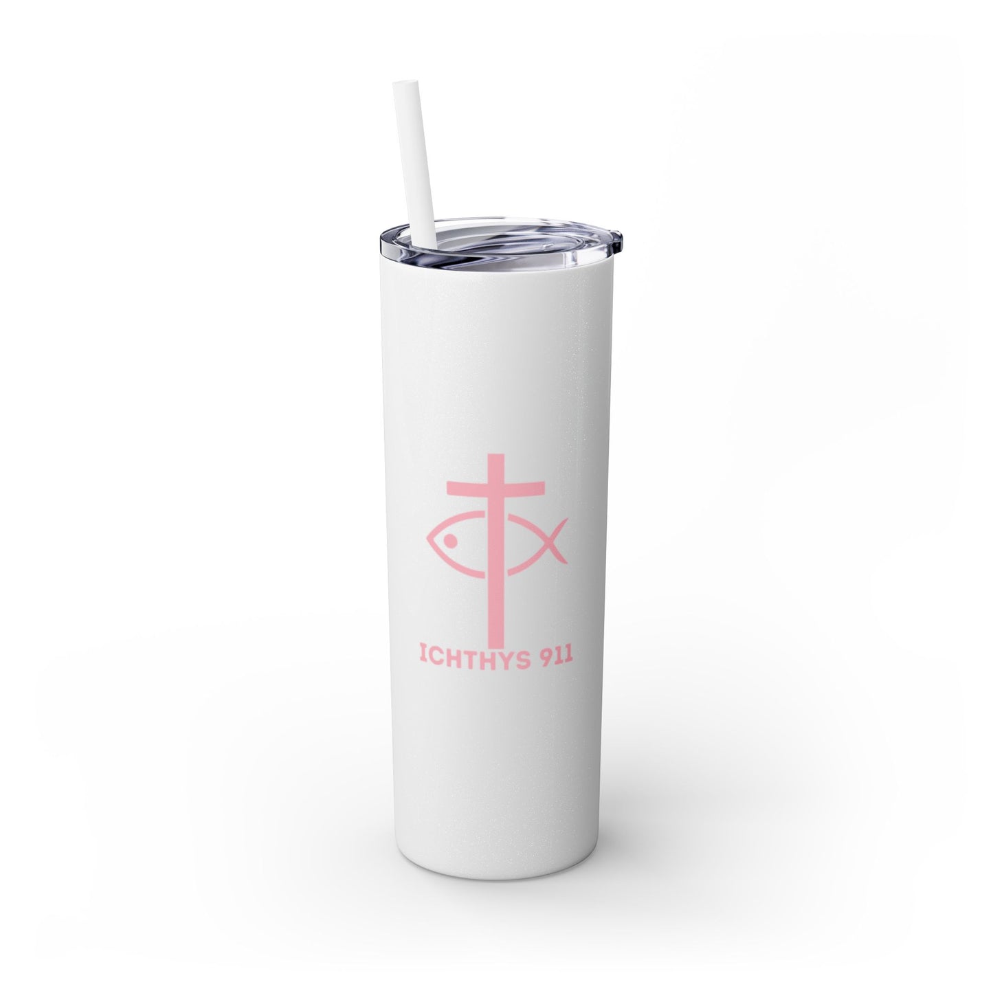 ICHTHYS 911 Pink Font Faith-Inspired Skinny Tumbler with Straw - 20oz