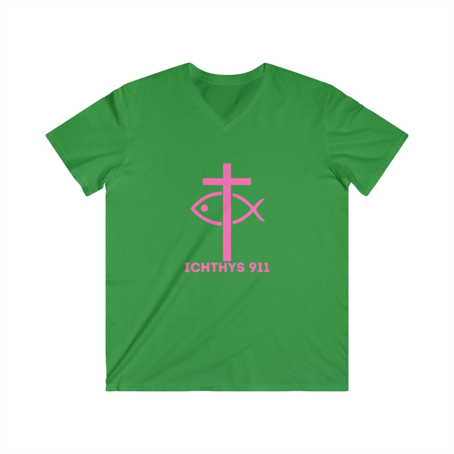 Authentic Collection - Men's Fitted V-Neck Short Sleeve T - Shirt - Faith-Inspired - Christian Faith - Pink Font - ICHTHYS 911