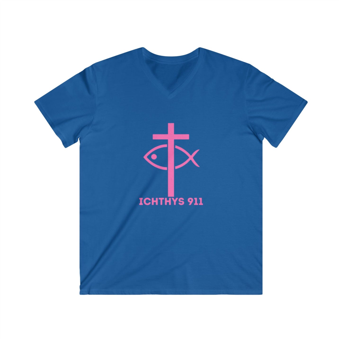 Authentic Collection - Men's Fitted V-Neck Short Sleeve T - Shirt - Faith-Inspired - Christian Faith - Pink Font - ICHTHYS 911