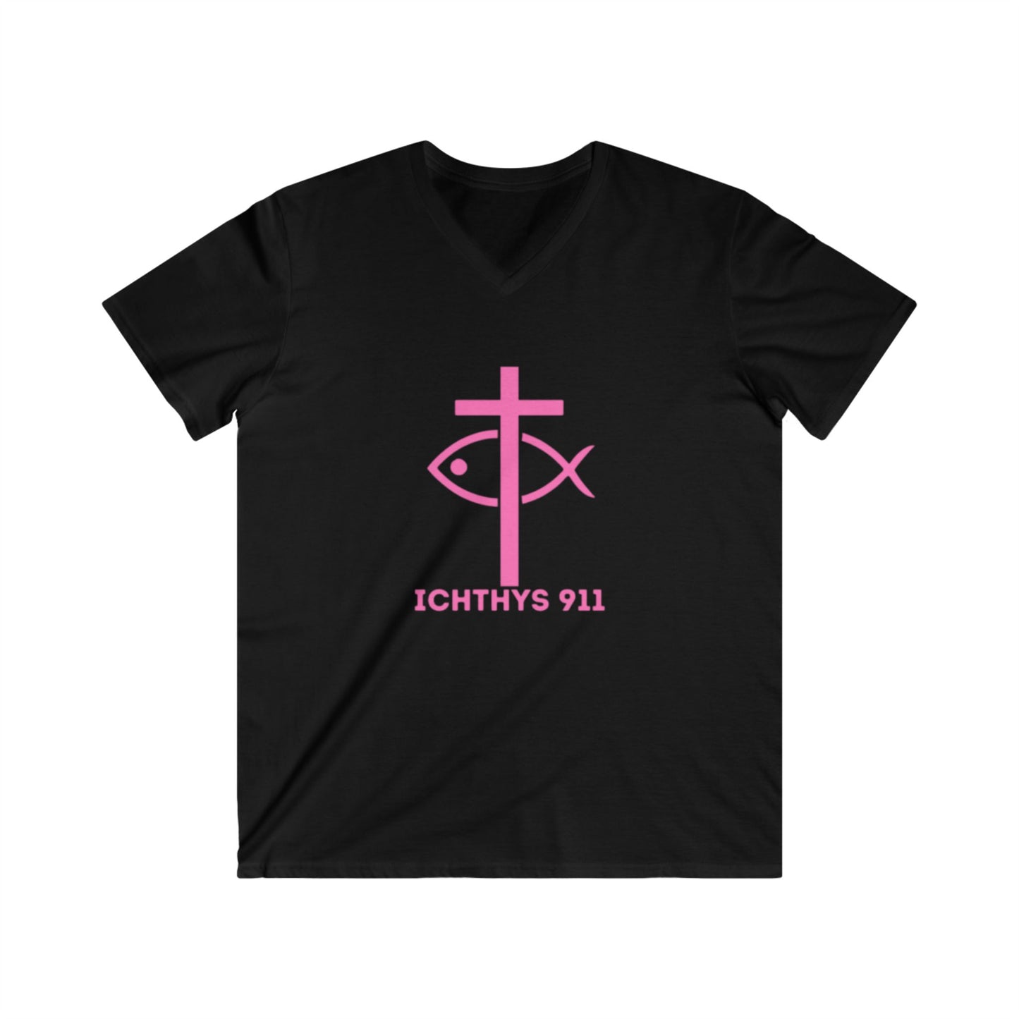 Authentic Collection - Men's Fitted V-Neck Short Sleeve T - Shirt - Faith-Inspired - Christian Faith - Pink Font - ICHTHYS 911