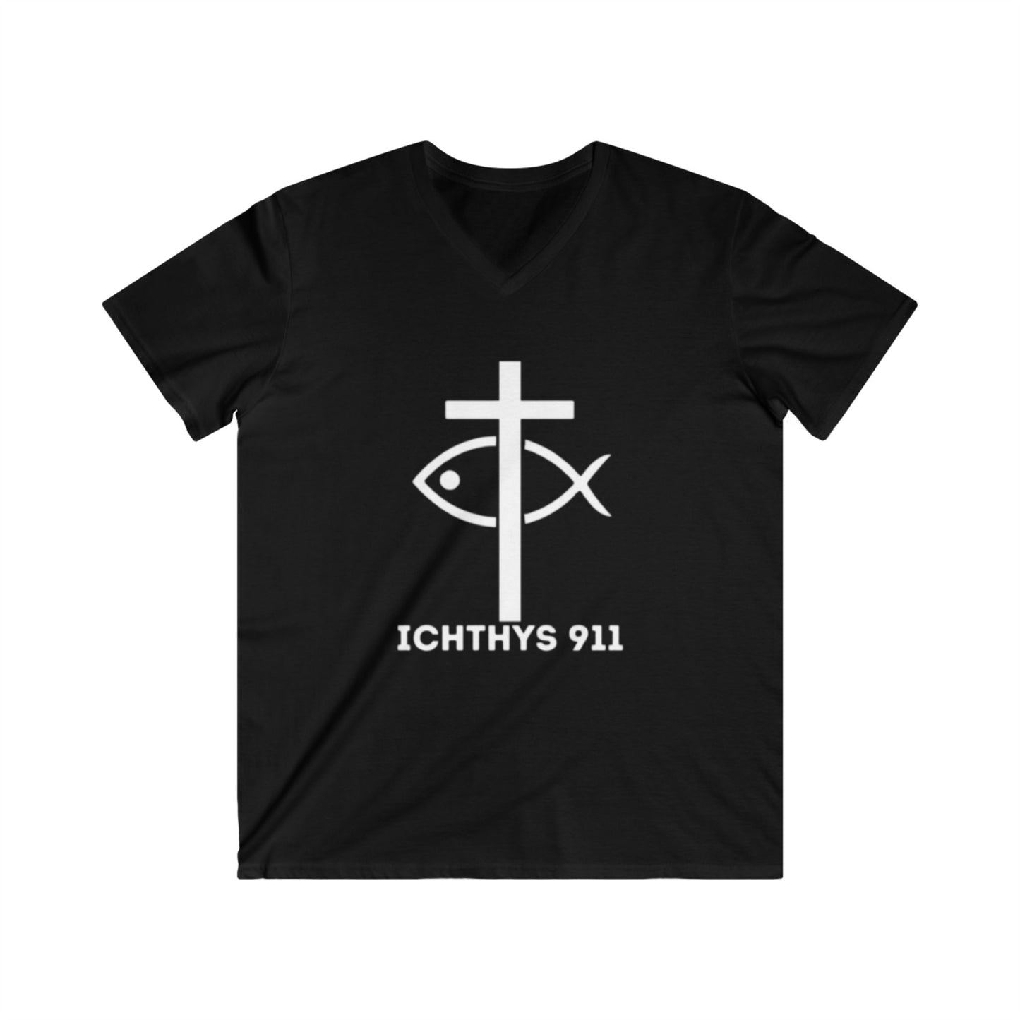 Jesus Christ - Son of God - Savior Collection - Reverse Logo - Men's Fitted V-Neck Short Sleeve T - Shirt - Faith-Inspired - Christian Faith - White Font - ICHTHYS 911 -