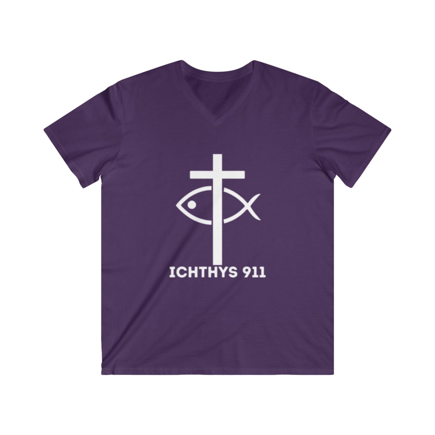 Jesus Christ - Son of God - Savior Collection - Reverse Logo - Men's Fitted V-Neck Short Sleeve T - Shirt - Faith-Inspired - Christian Faith - White Font - ICHTHYS 911 -
