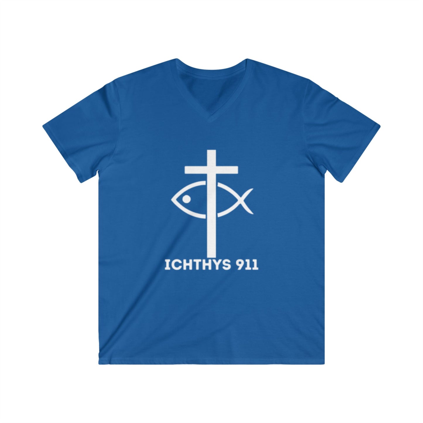 Jesus Christ - Son of God - Savior Collection - Reverse Logo - Men's Fitted V-Neck Short Sleeve T - Shirt - Faith-Inspired - Christian Faith - White Font - ICHTHYS 911 -