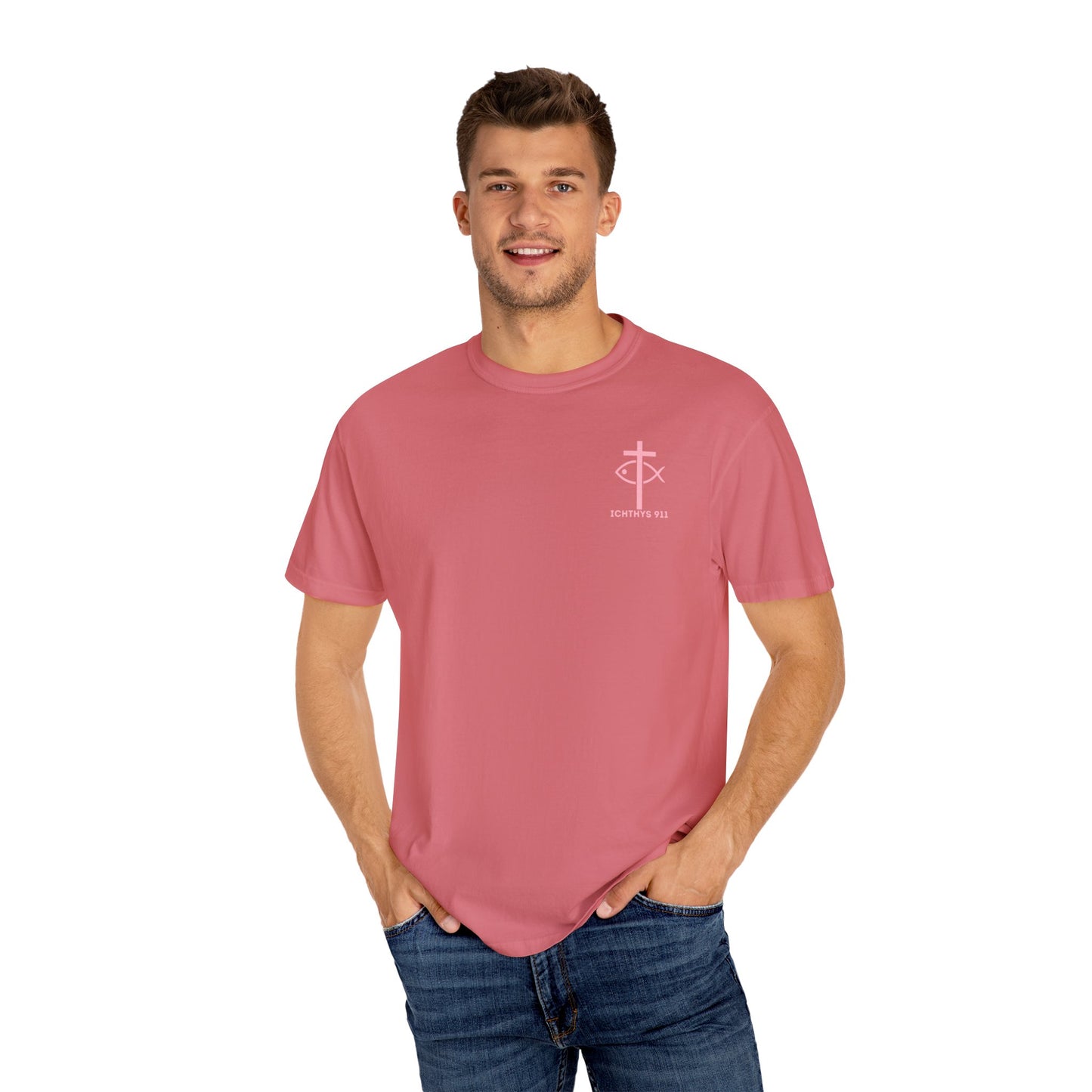 ICHTHYS 911 Pink Font "Badge Collection" - Unisex Garment Dyed T-Shirt 100% US Cotton - Christian Graphic Tee - Gym - T - Christian Faith - Jesus Wear - Women T-Shirt - Men T-Shirt - Garment Dyed