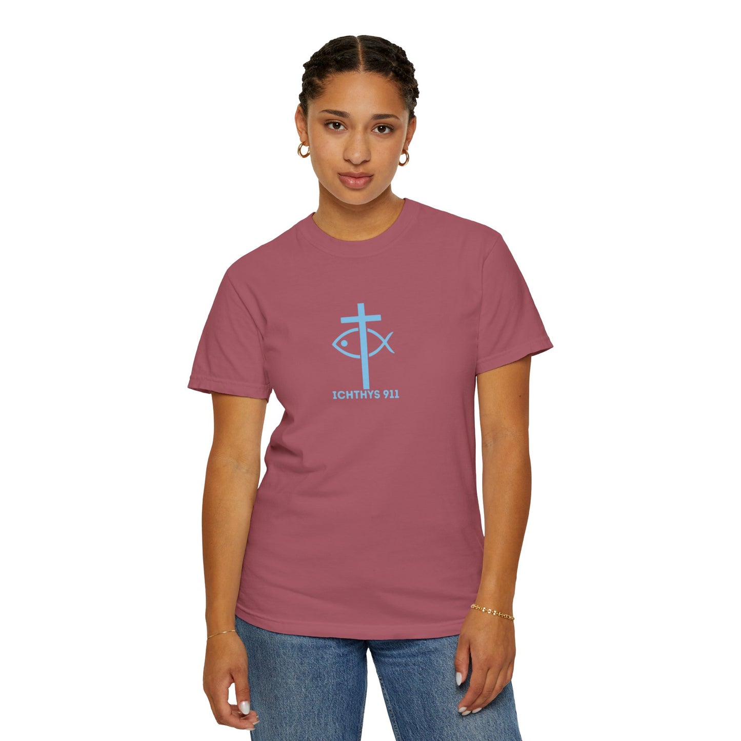 ICHTHYS 911 - Blue Font "Faith, Hope, & Love" - Unisex T-Shirt - Men T-Shirt - Christian Women Tee - Faith-Inspired Shirt - Christian Fashion - Wear Your Faith