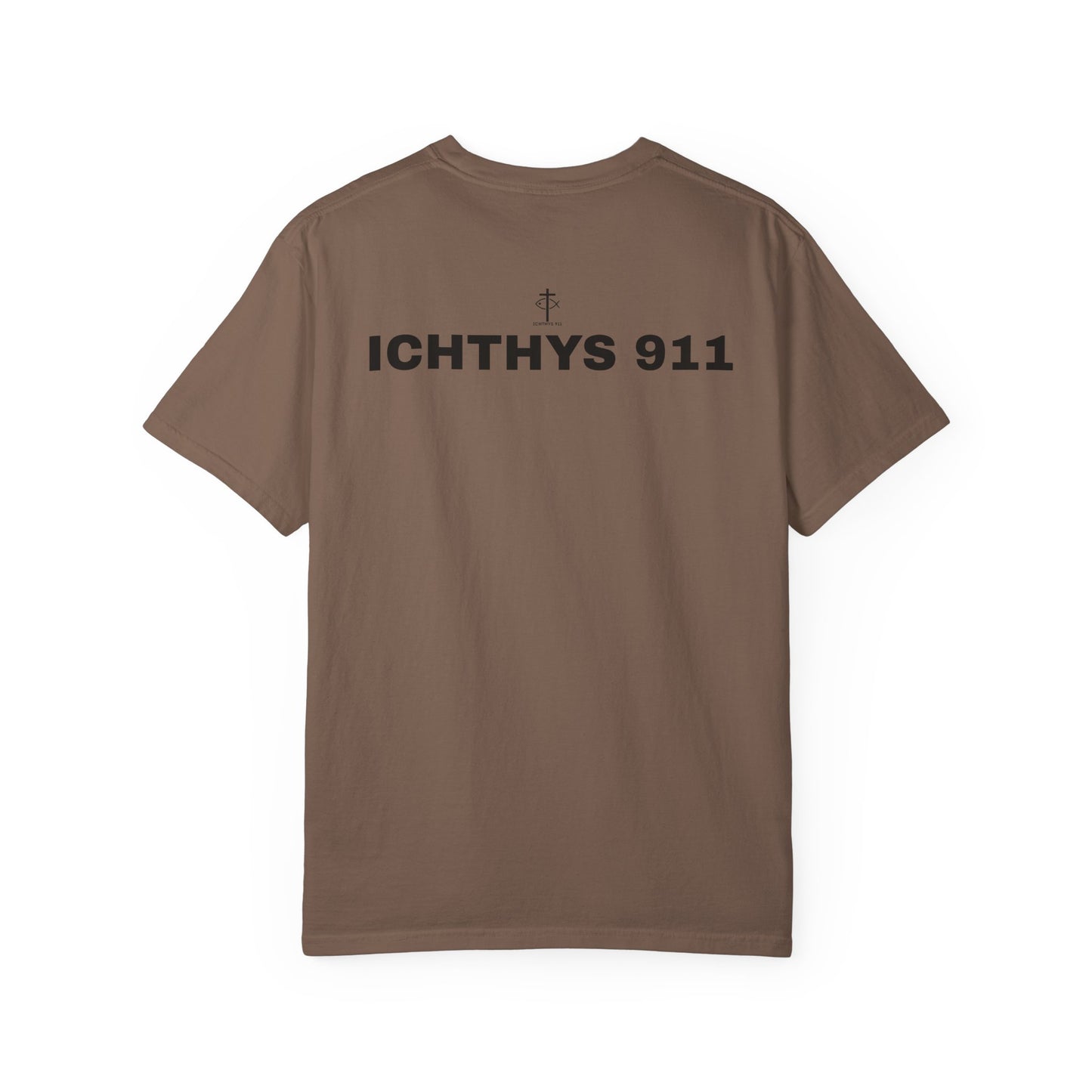 ICHTHYS 911 - Authentic - Christian Streetwear T-Shirt – Jesus Gym & Faith Fashion - Men T-Shirt - Women T-Shirt -Unisex Garment-Dyed T-Shirt Black Font