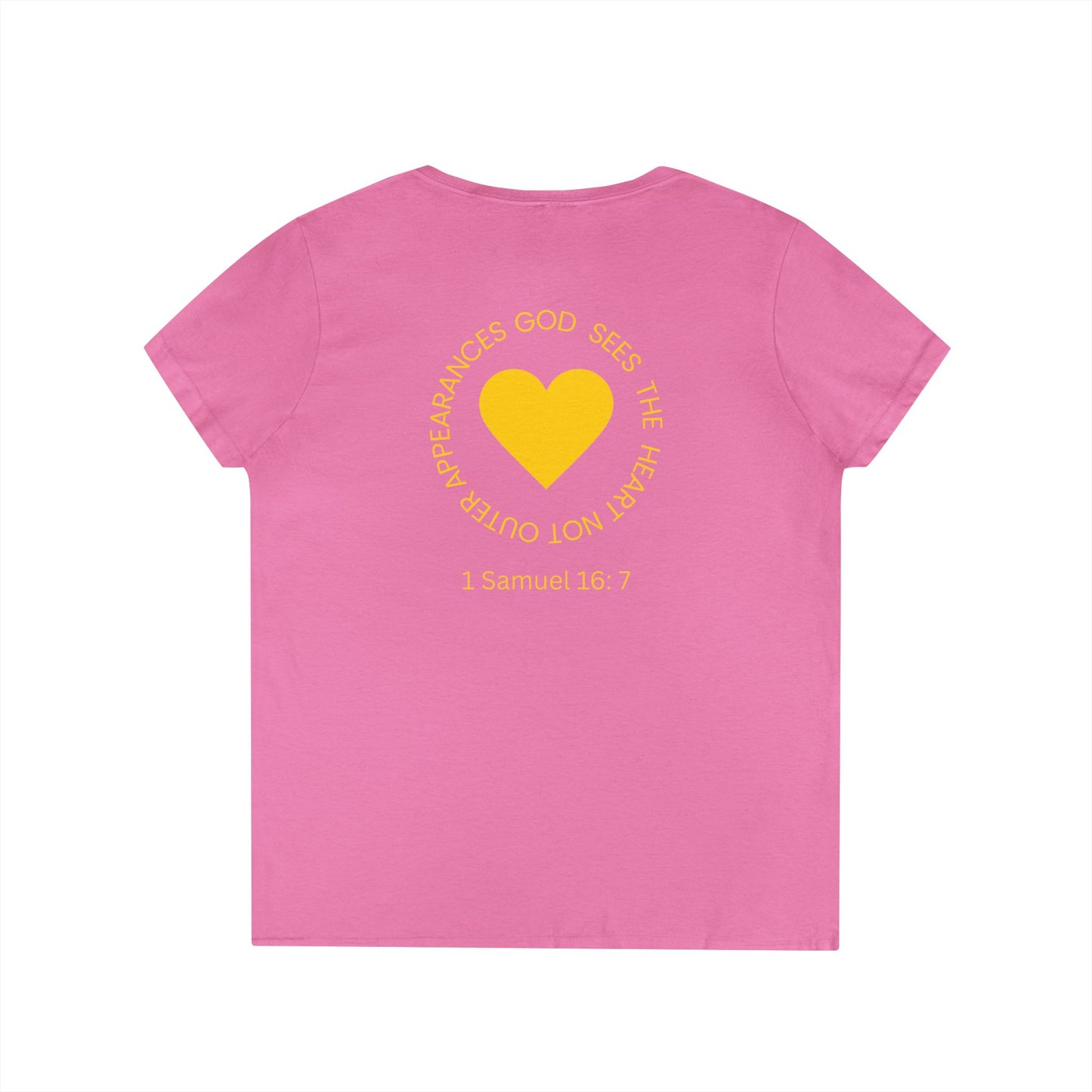 God Sees The Heart Gold Font Women’s Faith-Inspired V-Neck T-Shirt - ICHTHYS 911 Design911 Design