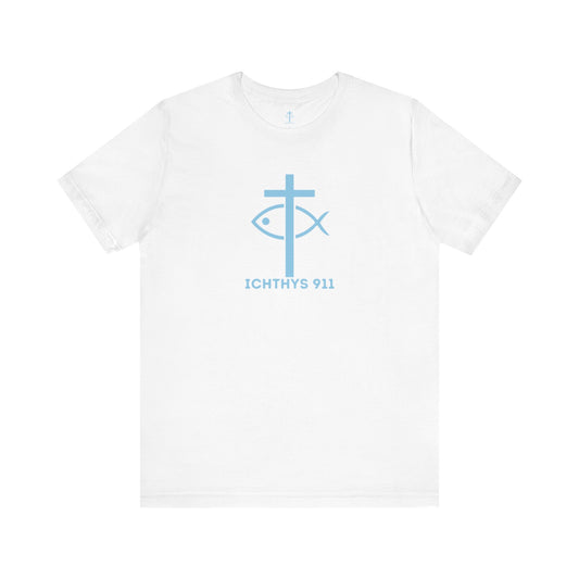 ICHTHYS 911 - "Roll With God Ride With Jesus" - Blue Font - Unisex T- Shirt - Lightweight 100% Cotton - Summer T - Arm Form Fitting - Men T- Shirt - Women T-Shirt - Christian T-Shirt - Love Like Jesus
