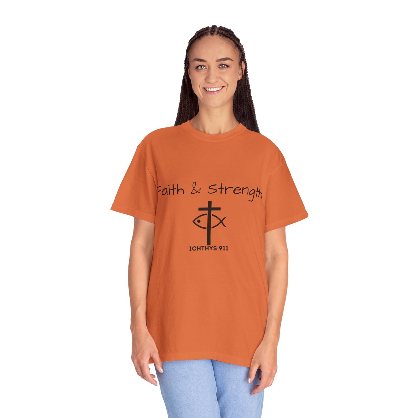 ICHTHYS 911 "Faith & Strength" Reverse - Black Font - Unisex Garment -Dyed Tee - 100% US Cotton - Men T-Shirt - Women T-Shirt - Inspirational Christian Shirt - Very Good Quality and Feel