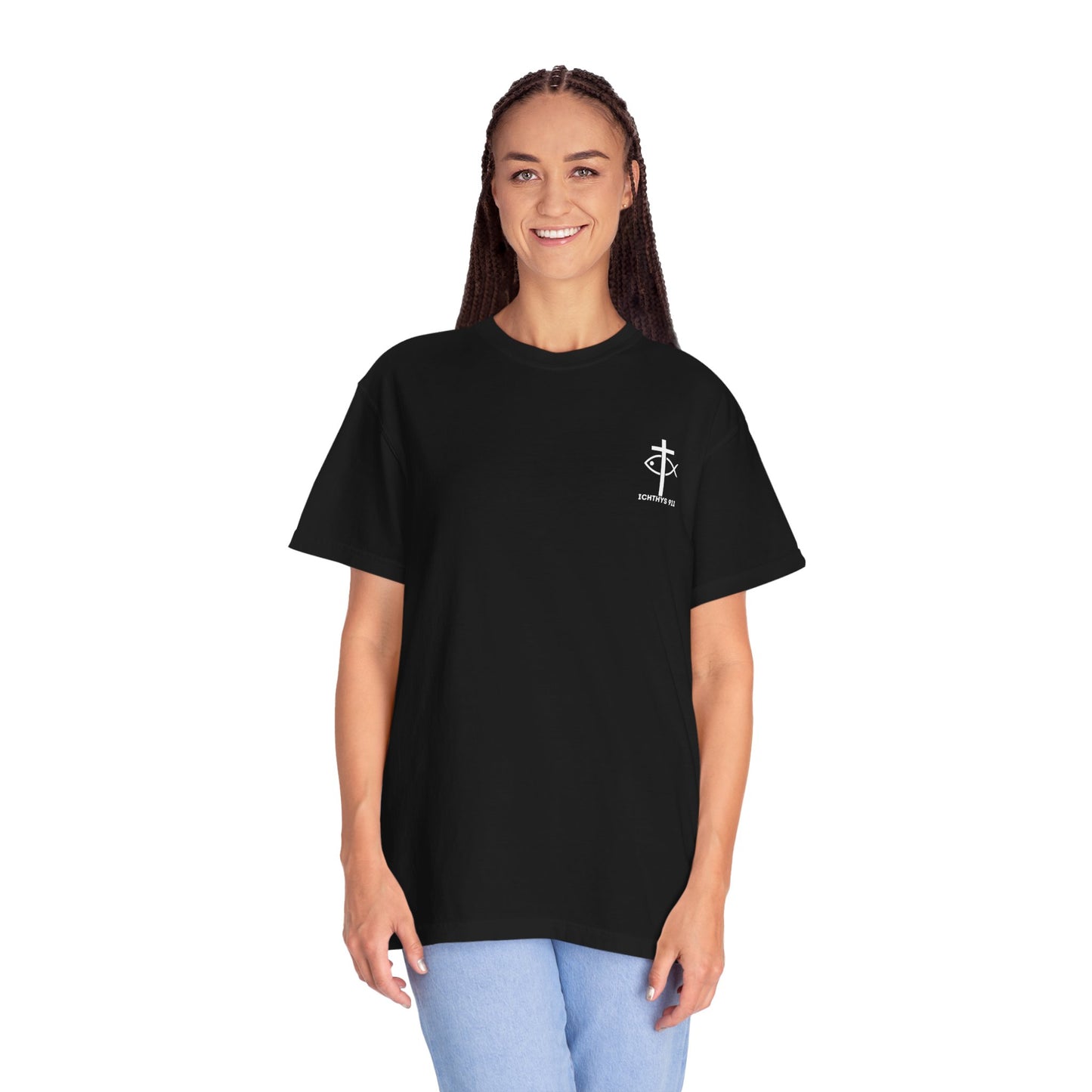 ICHTHYS 911 Badge Collection - White Font - Unisex  Garment Dyed T-Shirt - 100% US Cotton - Men T-Shirt - Women T-Shirt - Christian Graphic Tee - Gym - T - Christian Faith - Jesus Wear - White Font