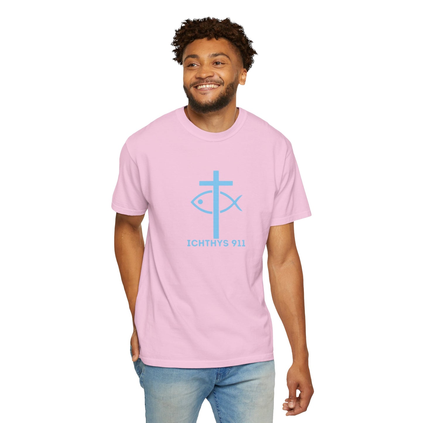 ICHTHYS 911 "Strength Through Christ Philippians 4:13" - Blue Font - Unisex Garment Dyed T- Shirt - 100% US Cotton -Men T-Shirt - Women T-Shirt- Christian Activewear - Wear Your Faith