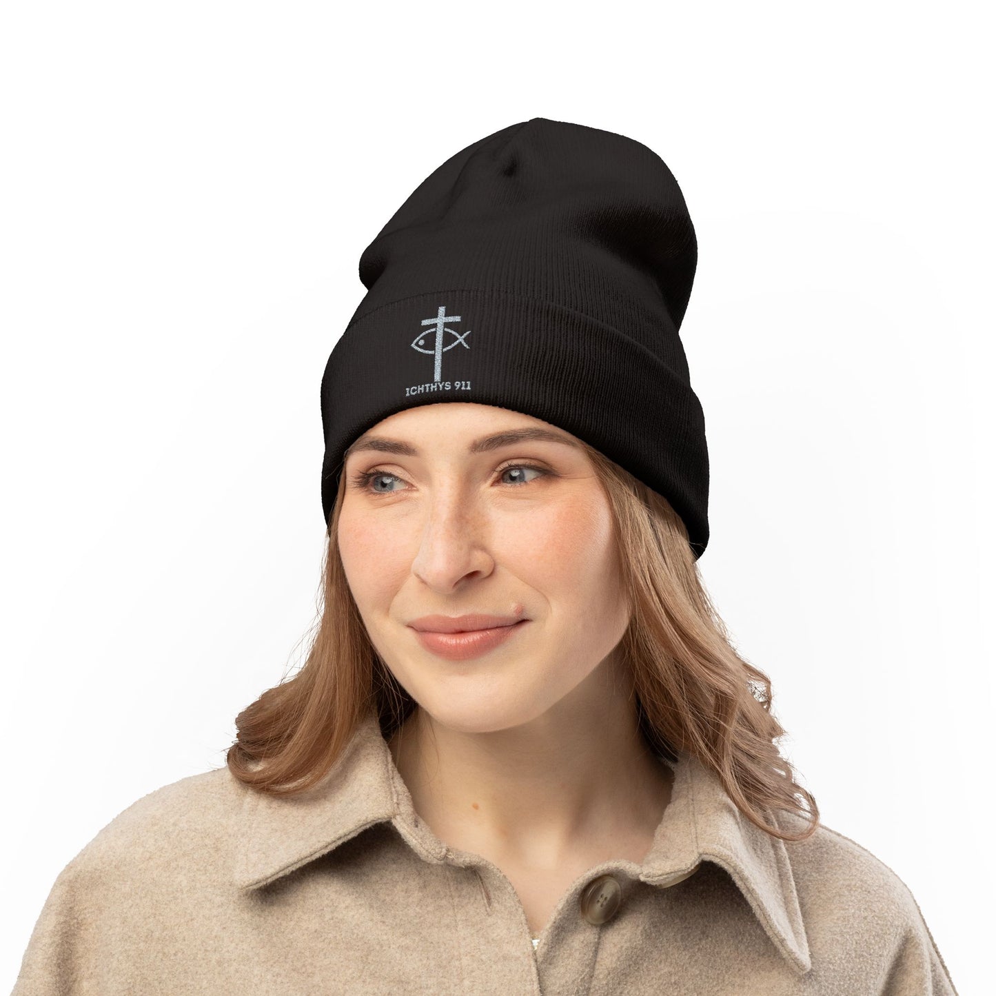 Chic and Cozy Knit Beanie with Custom Embroidery - Warm Winter Hat - Christian - Faith Based - ICHTHYS 911 Design