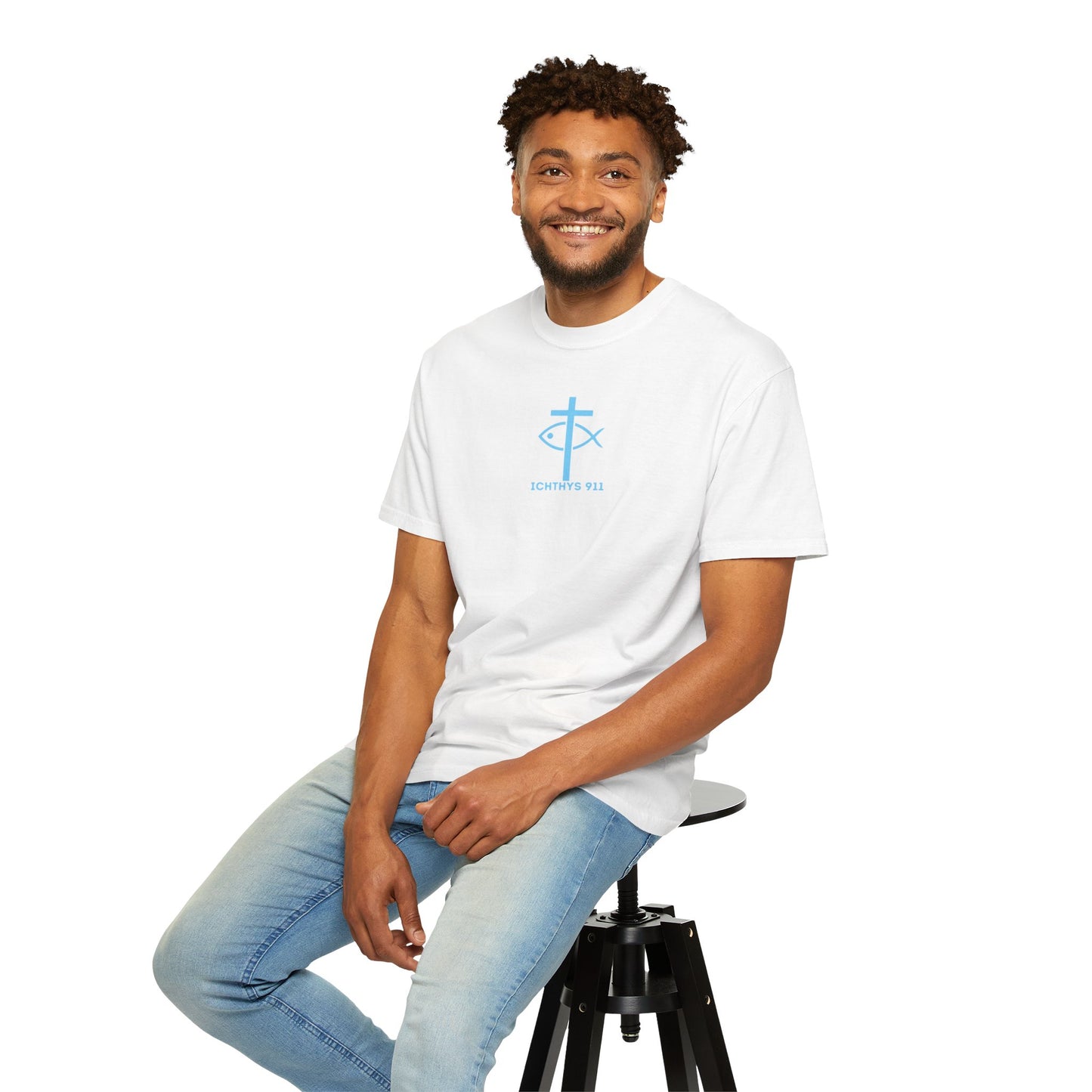 ICHTHYS 911 - "Jesus Christ Son of God Savior" Blue Font - Additional Colors - Christian Streetwear T-Shirt – Jesus Gym & Faith Fashion, Unisex Garment-Dyed T-Shirt Blue Font