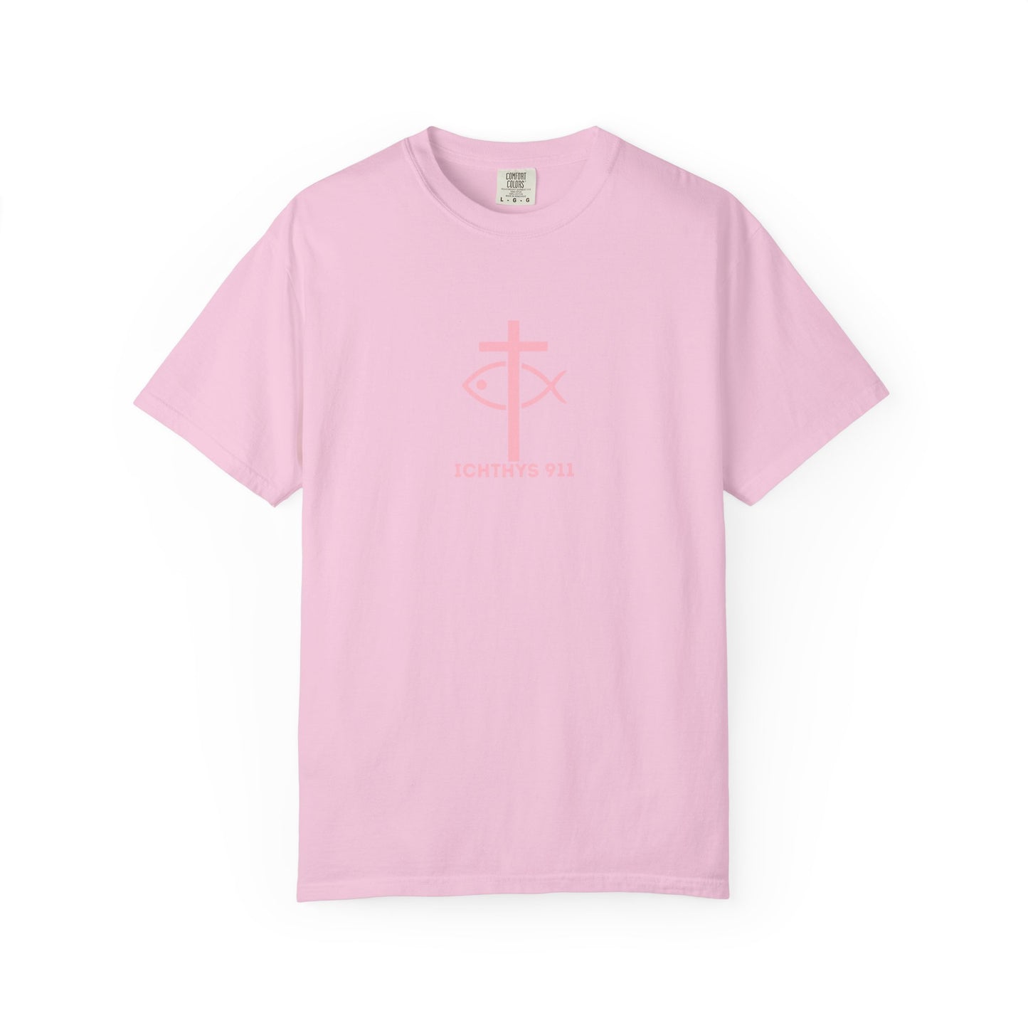 ICHTHYS 911 "Strength Through Christ Philippians 4:13" - Pink Font - Unisex Garment Dyed T-Shirt - 100% US Cotton -Men T-Shirt - Women T-Shirt - Christian Activewear - Wear Your Faith - T-Shirt
