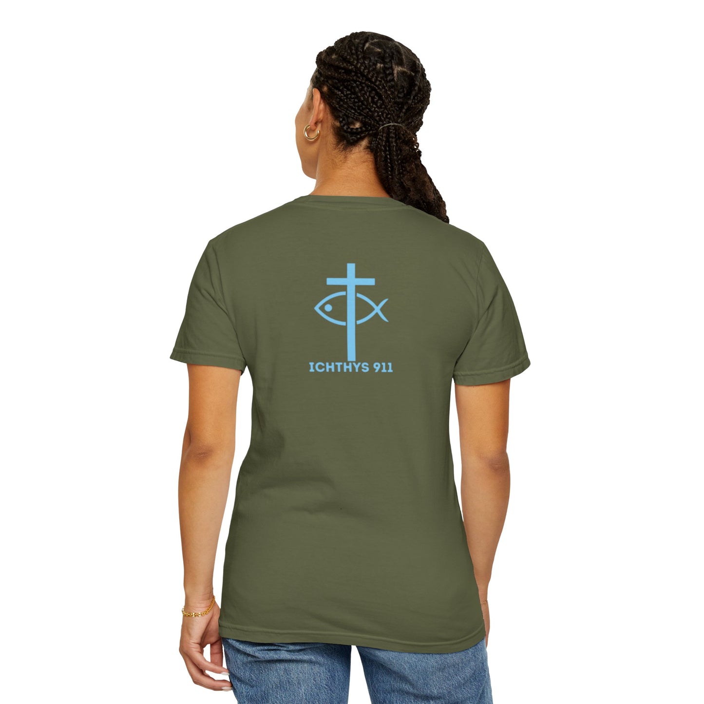 ICHTHYS 911 Blue & Black Font "Iēsous Christos, Theou Yios, Sōtēr" - Collection - Reverse Design - Unisex Garment Dyed - 100% US Cotton - Christian Graphic Tee - Gym - T - Christian Faith - Jesus Wear - Women T-Shirt - Men T-Shirt