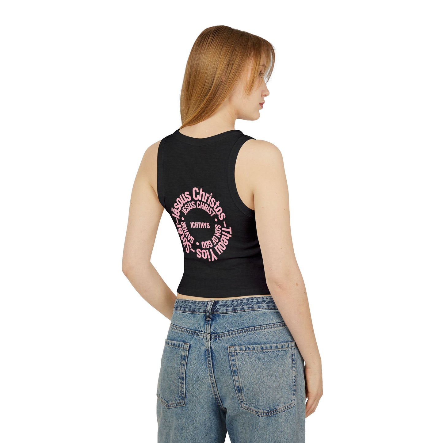Iēsous Christos, Theou Yios, Sōtēr - Pink Font Faith-Inspired Women's Micro Rib Racer Tank Top - Cute Jesus Christ Design - Women Tank - Christian - Work Out - ICHTHYS 911 Design