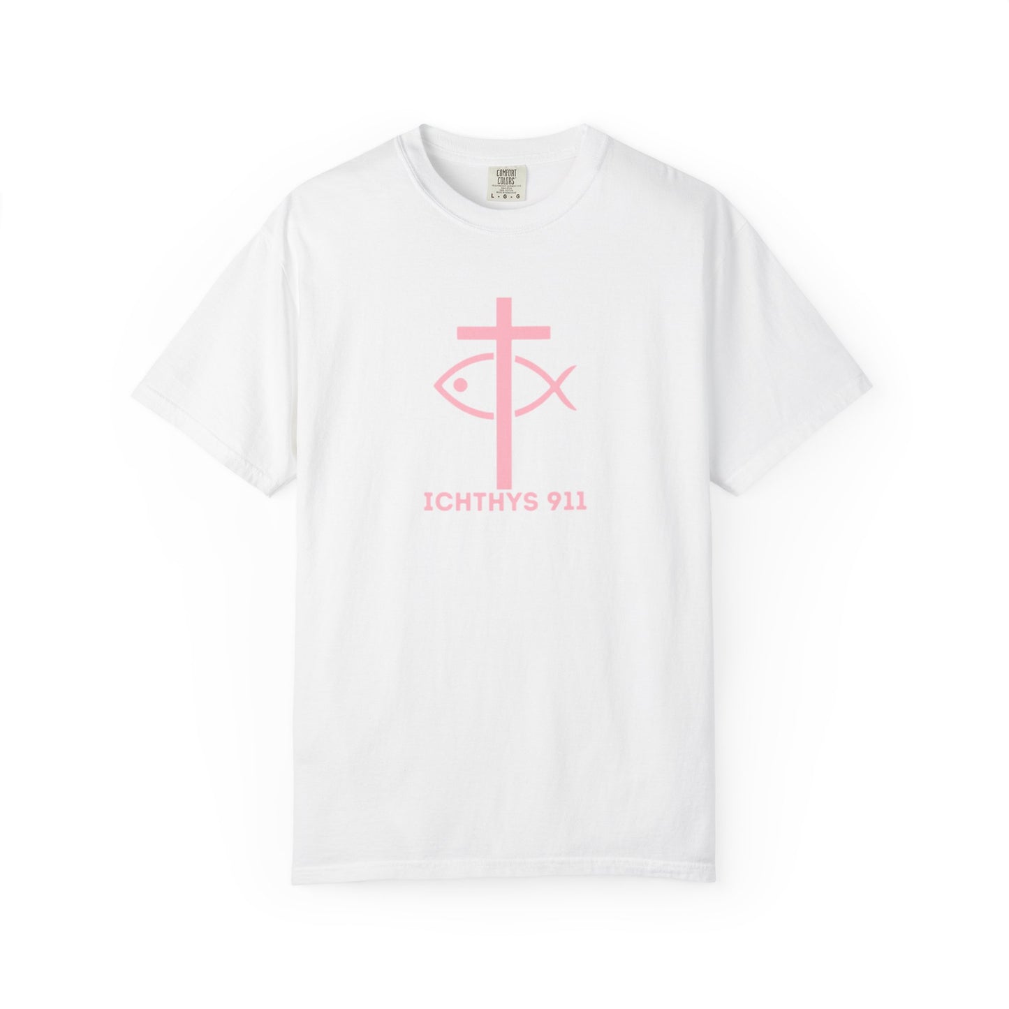 ICHTHYS 911 - Authentic - Christian Streetwear T-Shirt – Jesus Gym & Faith Fashion, Unisex Garment-Dyed T-Shirt Soft Pink Font