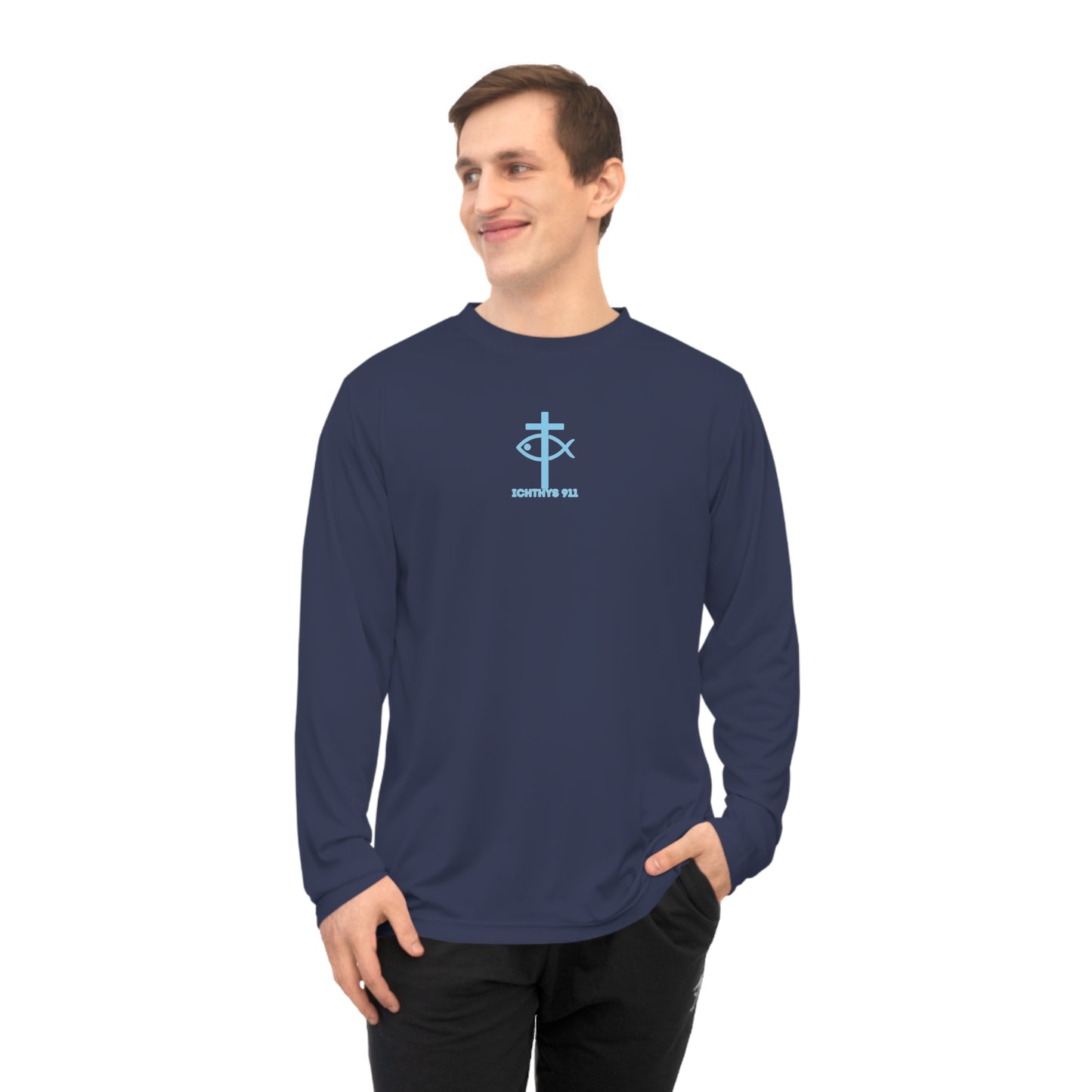 ICHTHYS 911 "Rise & Conquer Romans 8:38"  Unisex Performance Long Sleeve Shirt - Men - Women - 100% Moisture-Wicking Poly - Christian Activewear