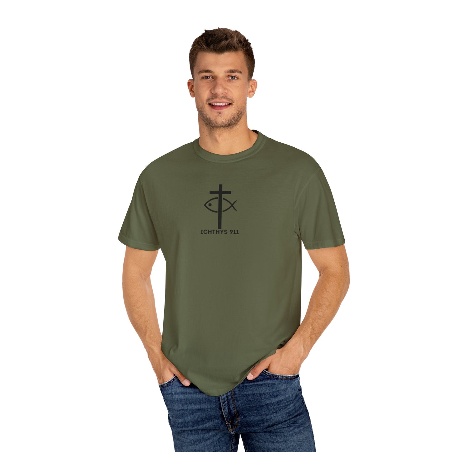 ICHTHYS 911 Black Font - "Run With Endurance Hebrews 12:1" - Unisex Garment Dyed T-Shirt -100% US Cotton - Men T-Shirt - Women T-Shirt - Bible Verse - Christian Faith - Christian Workout