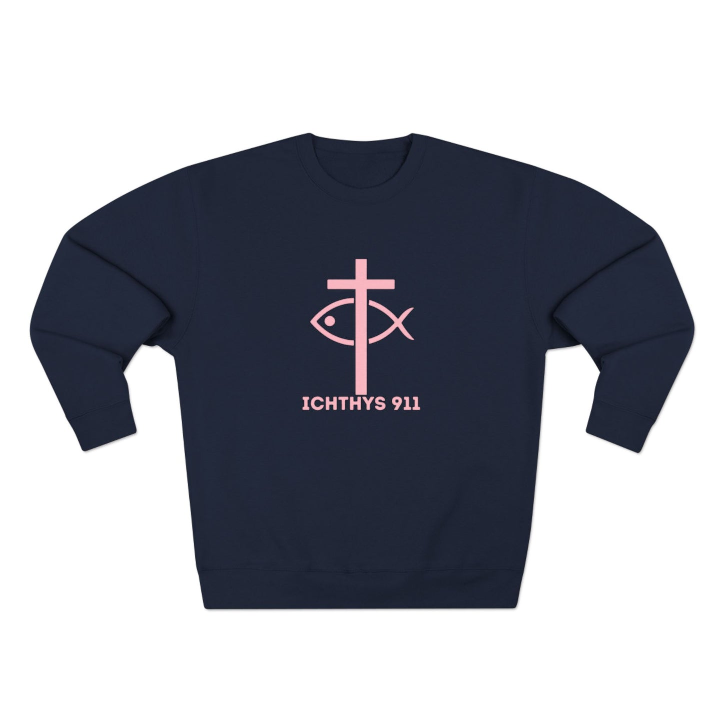ICHTHYS 911 Minimal Pink Cross Crewneck Sweatshirt — Unisex -