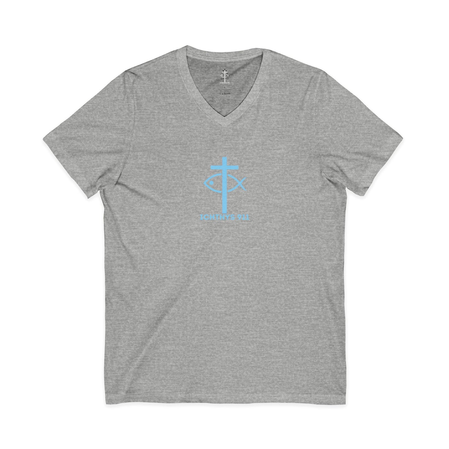 Jesus Is His Name, Saving Souls For Eternity is His Game - Blue Font - V-Neck - Unisex -Men T-Shirt - Women T-Shirt - Christian T - Faith-Inspired Unisex V-Neck Tee - Perfect for Christians - ICHTHYS 911 Design
