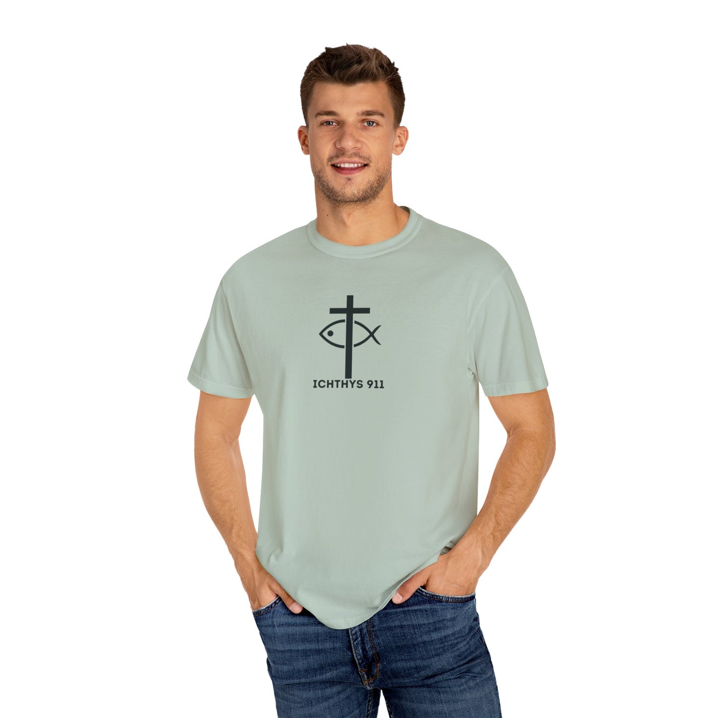 ICHTHYS 911 - Black Font "Faith Driven" - Unisex Garment Dyed T - Shirt - 100% US Cotton -  Men - T - Women T-Shirt - Christian Inspirational Tee - Garment Dyed