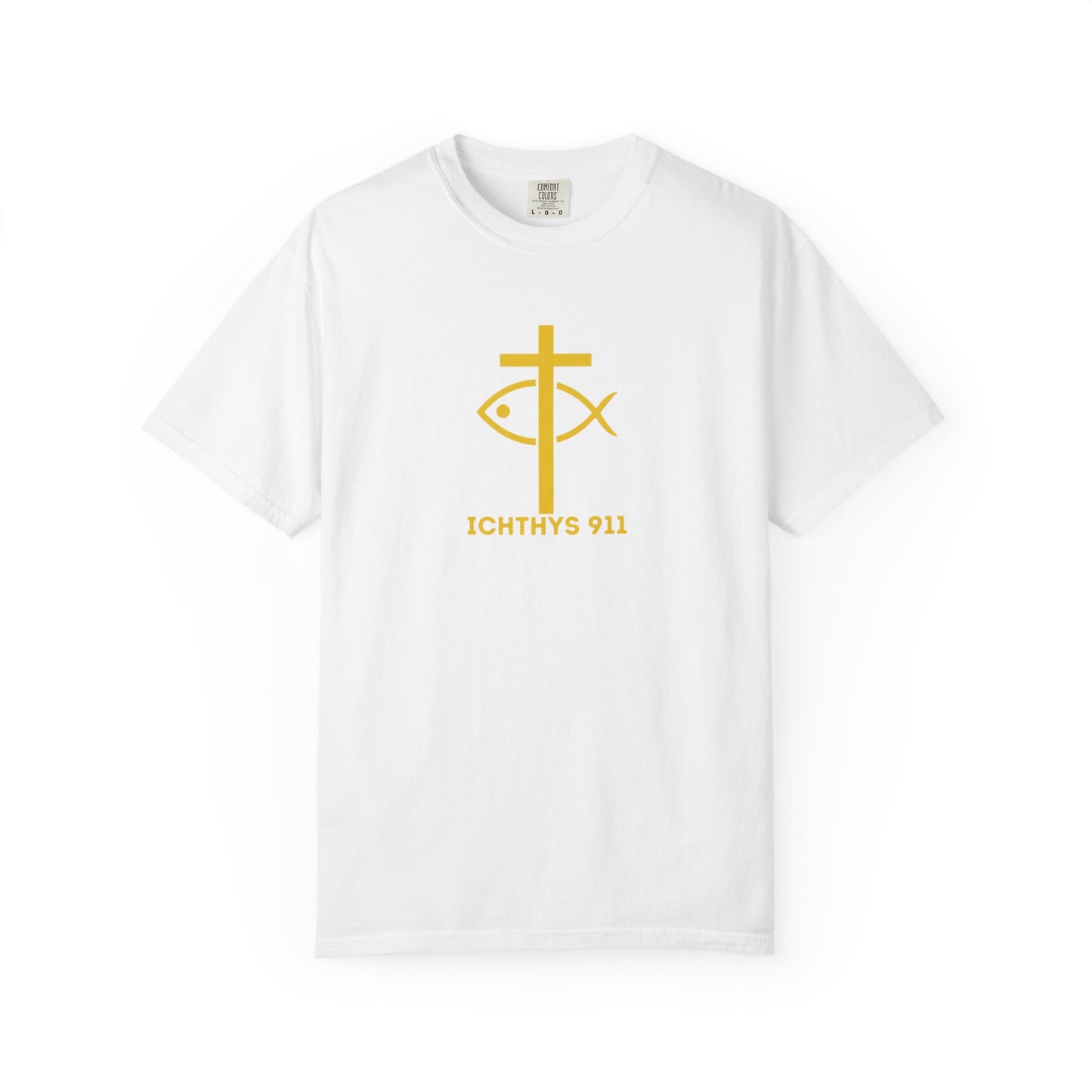 ICHTHYS 911 - "Jesus Christ Son of God Savior" - Gold Font - Unisex Garment Dyed T- Shirt - Men T-Shirt - Women T-Shirt - Christian Streetwear T-Shirt – Jesus Gym & Faith Fashion