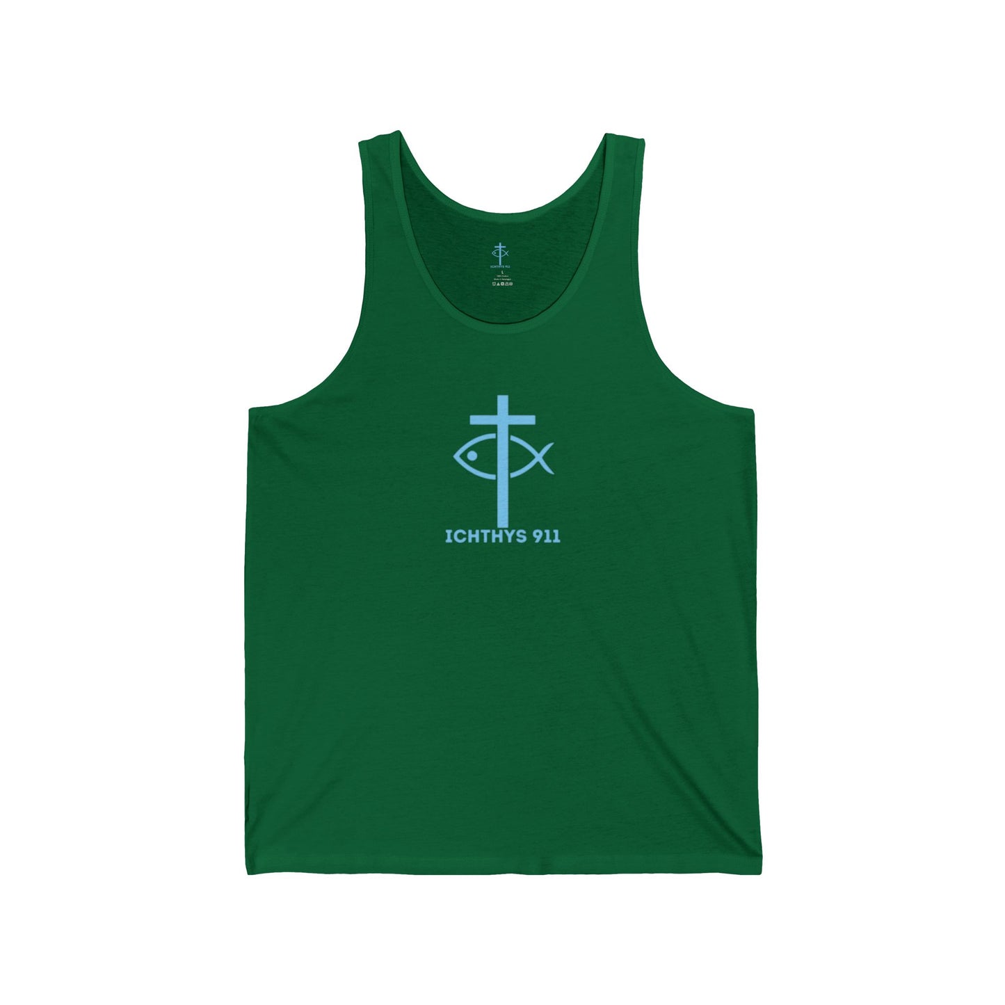 ICHTHYS 911 Blue Font "Faith & Strength" Extra Light - Unisex - Men Tank - Women Tank - Jersey Tank - Casual Christian Symbol Graphic Tank Top