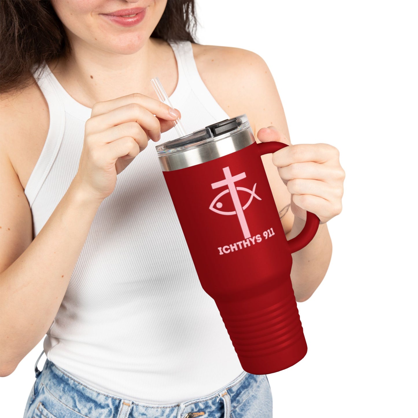 40oz Insulated Travel Mug with Straw - Perfect for On-the-Go Hydration & Outdoor Adventures - Featuring ICHTHYS 911