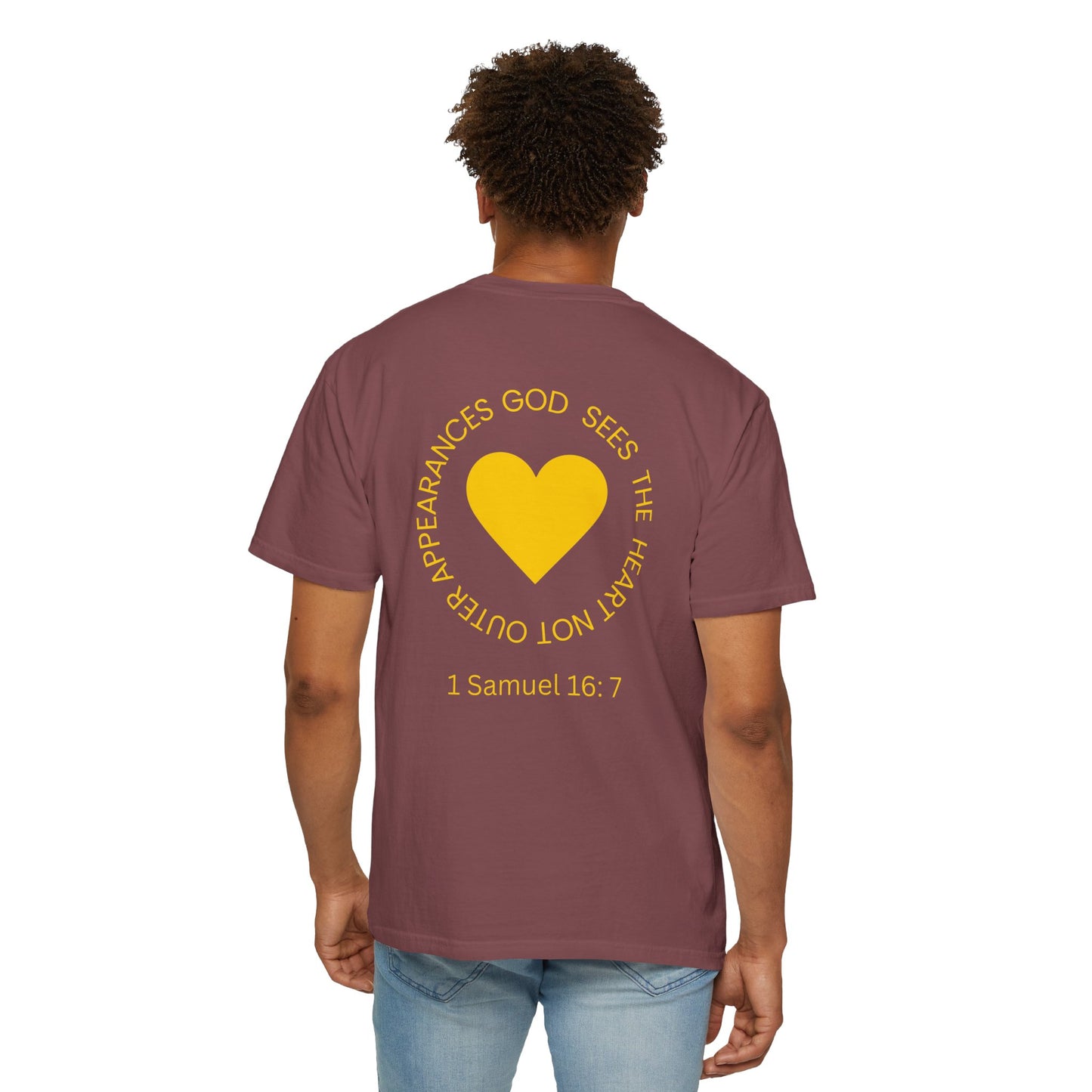 ICHTHYS 911 - "God Sees the Heart" Reverse' Gold Font - Unisex Garment - Dyed T-Shirt - 100% US Cotton - Men T-Shirt - Women T-Shirt - Inspirational Graphic T-Shirt for Everyday Motivation